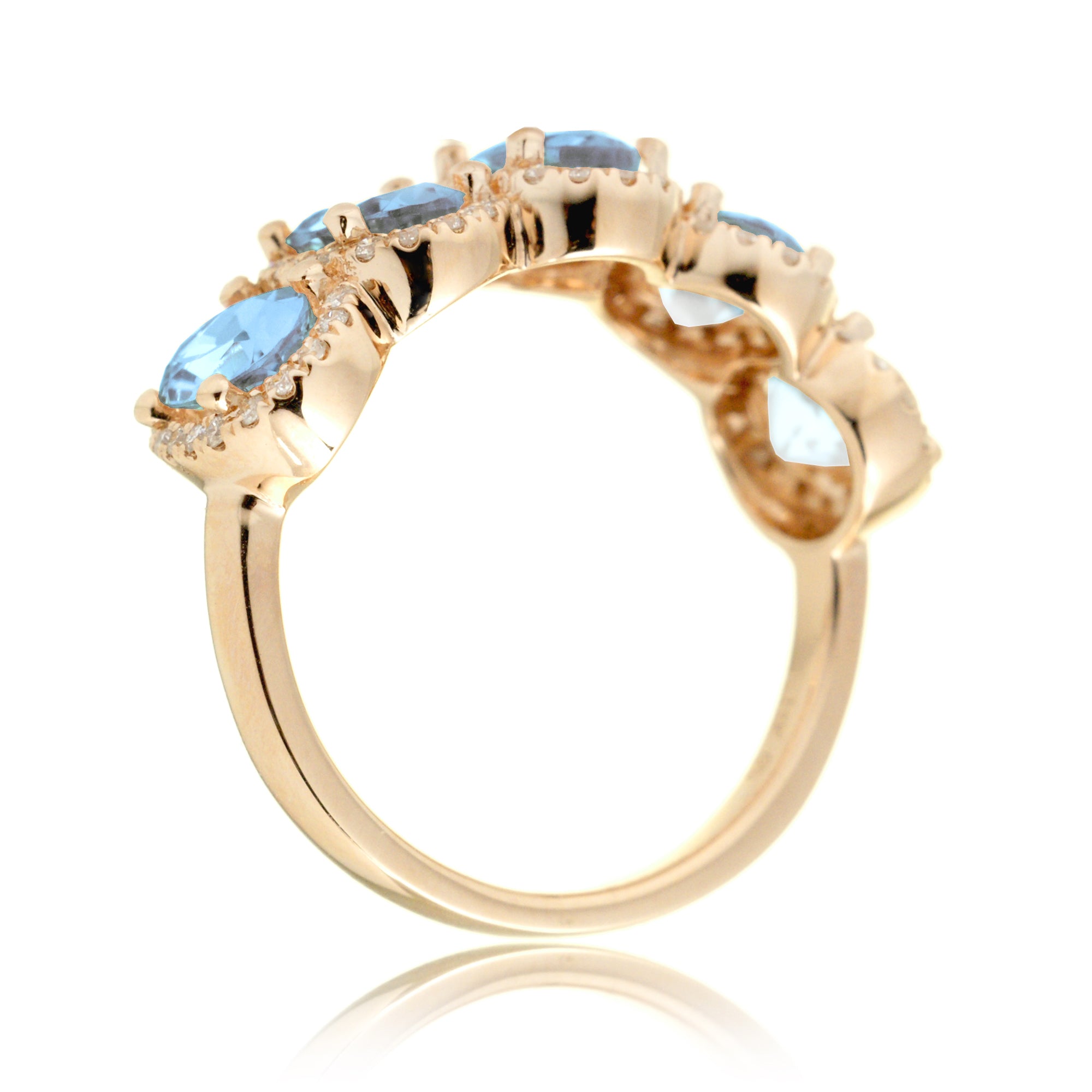 Five stone wedding anniversary aquamarine diamond halo band yellow gold