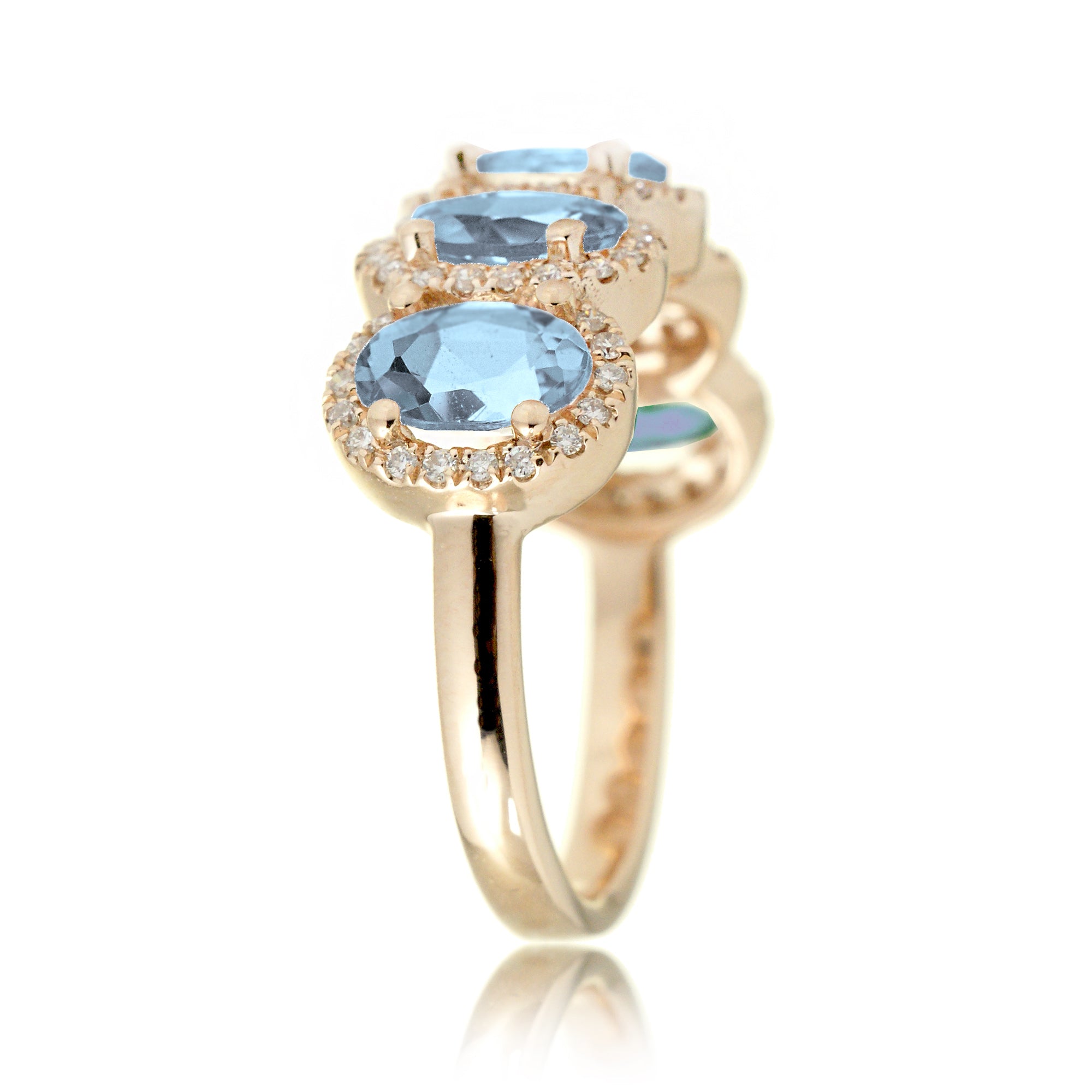 Five stone wedding anniversary aquamarine diamond halo band yellow gold