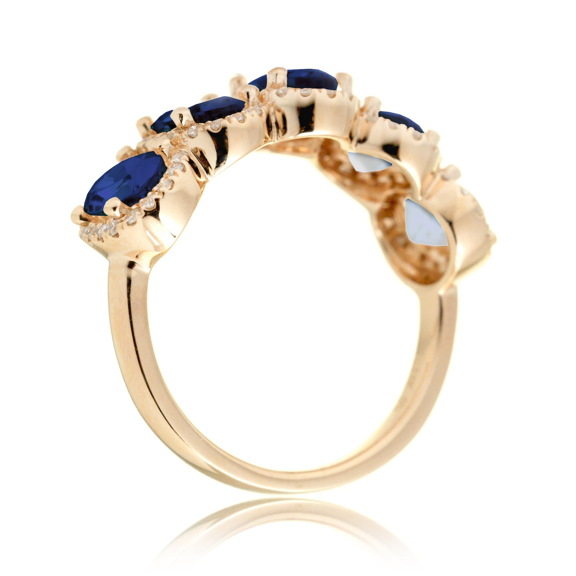 Five stone anniversary band with blue oval sapphire and diamond halo yellow gold wedding band