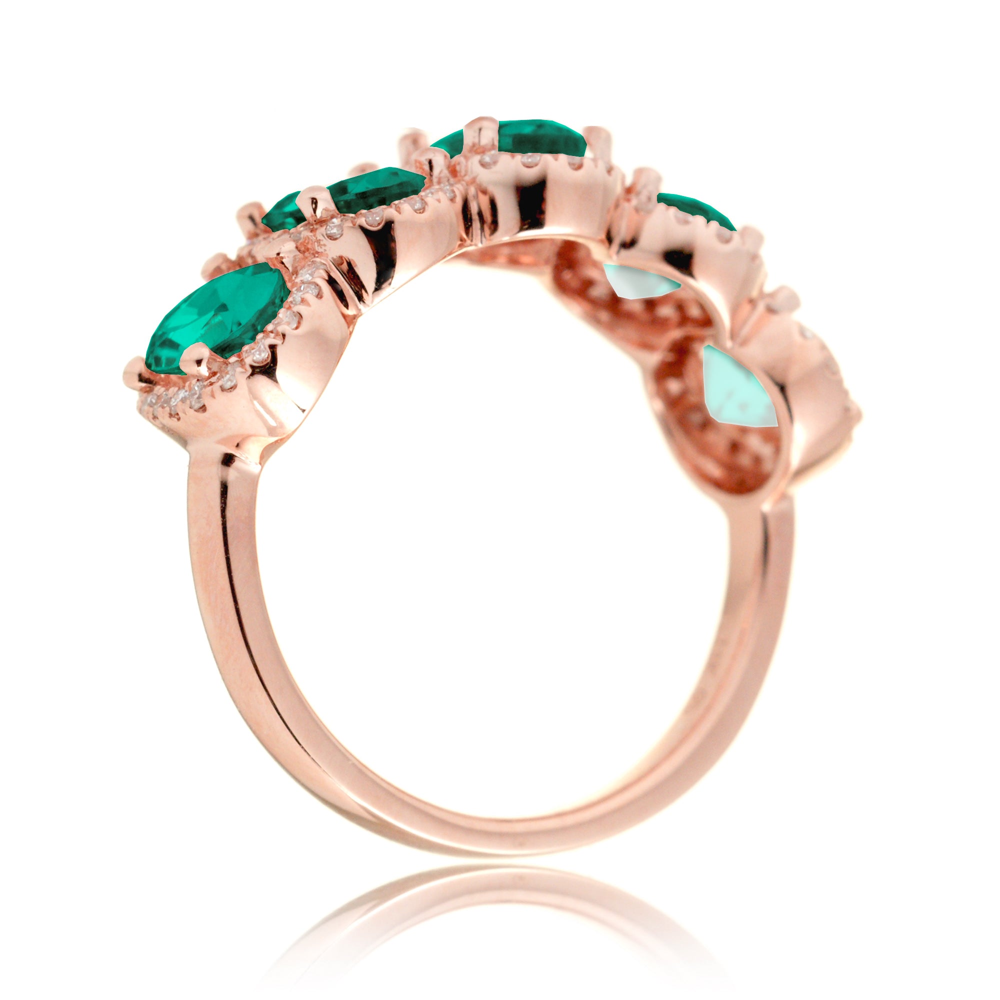 Anniversary band five stone oval emeralds with diamond halo in rose gold