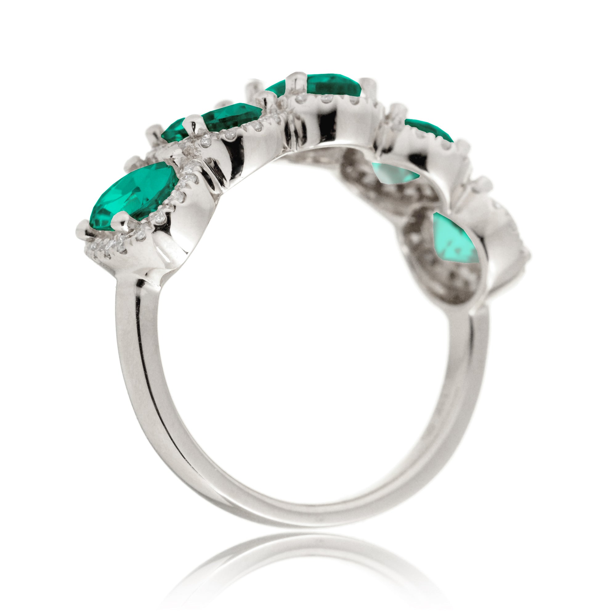 Anniversary band five stone oval emeralds with diamond halo in white gold