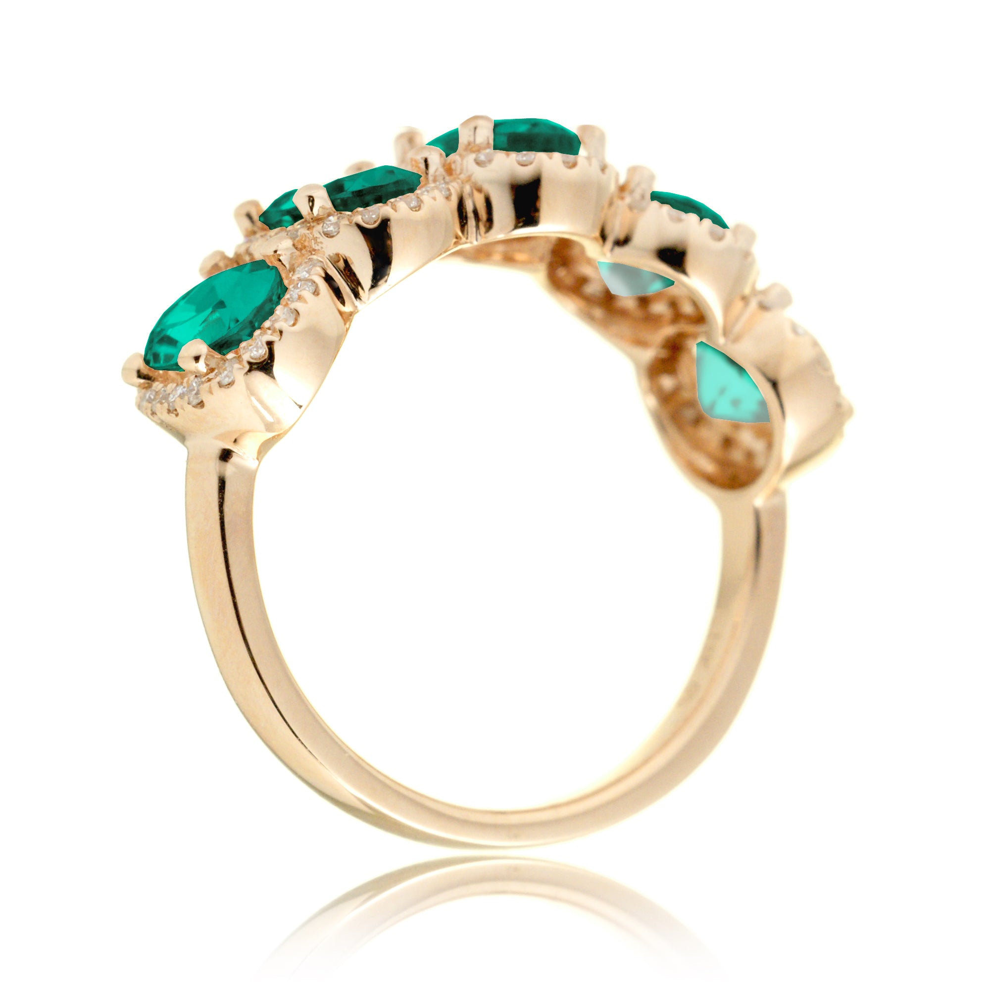 Anniversary band five stone oval emeralds with diamond halo in yellow gold