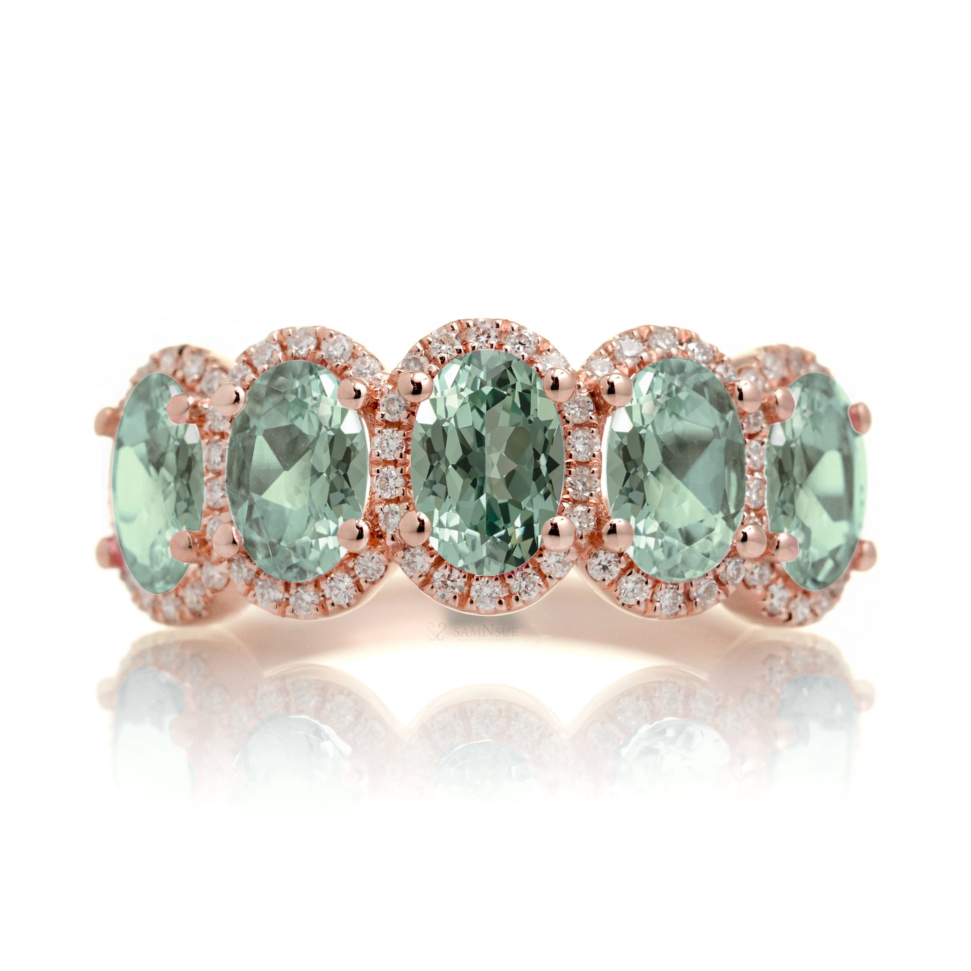 Five stone green sapphire wedding anniversary band with diamond halo in rose gold