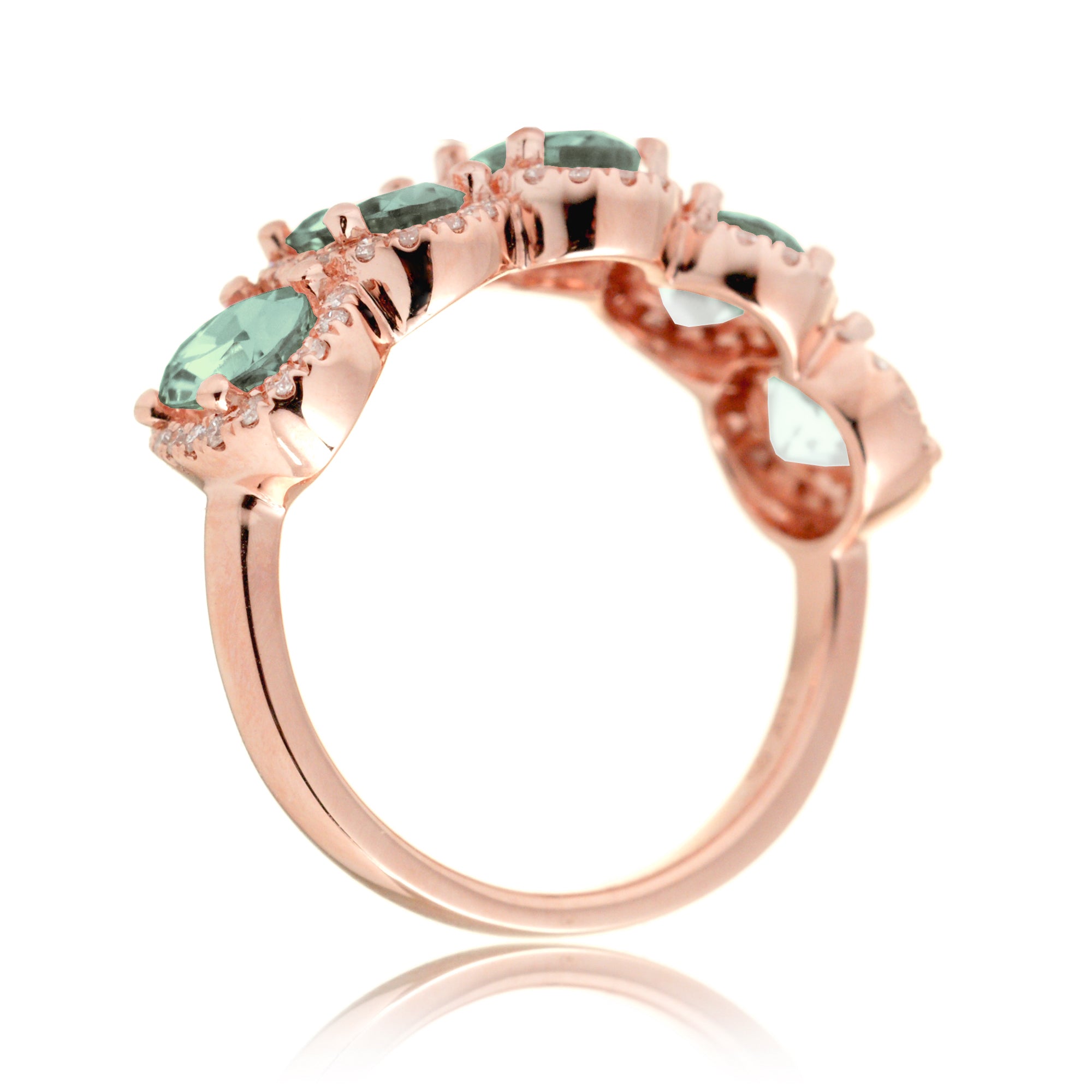 Five stone green sapphire wedding anniversary band with diamond halo in rose gold