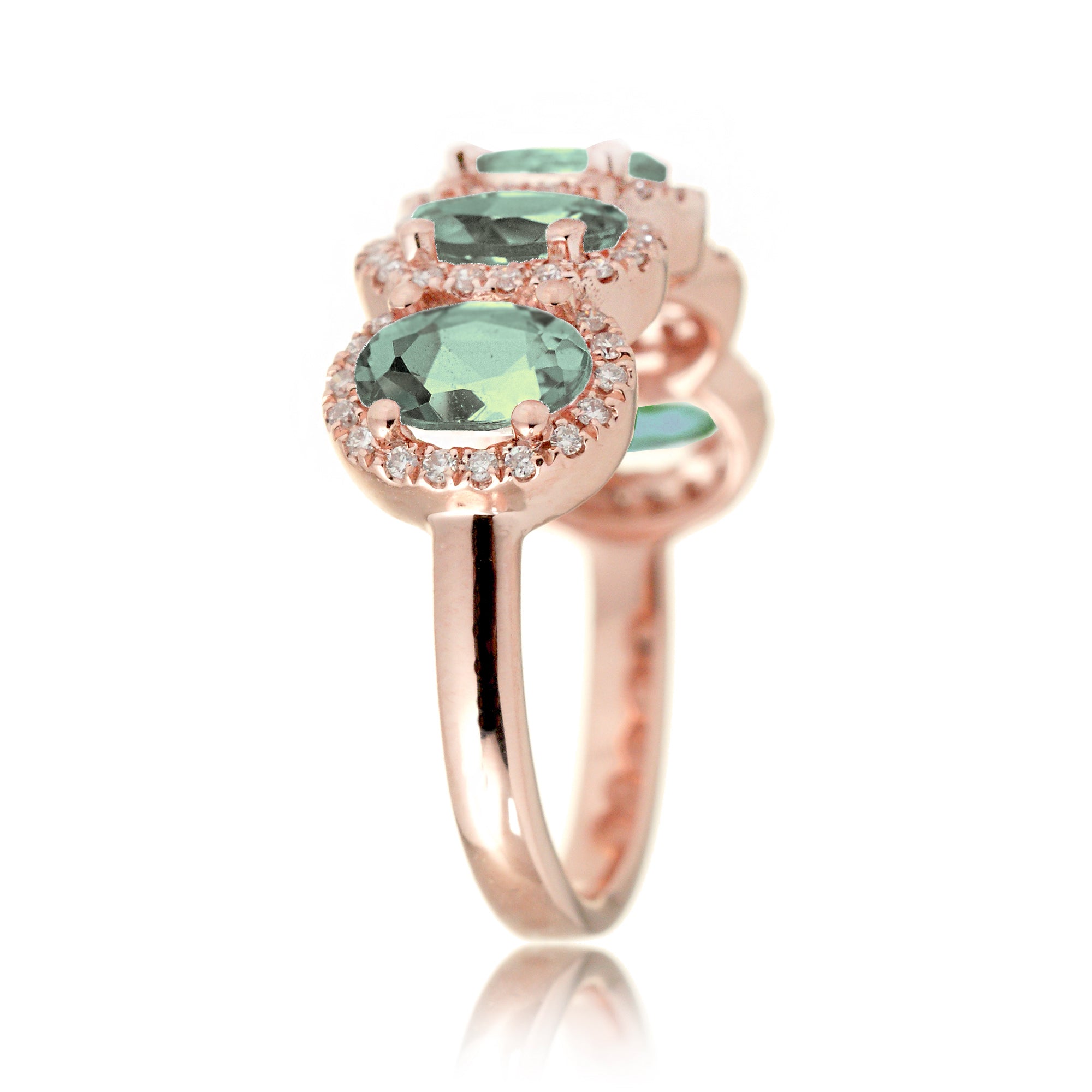 Five stone green sapphire wedding anniversary band with diamond halo in rose gold
