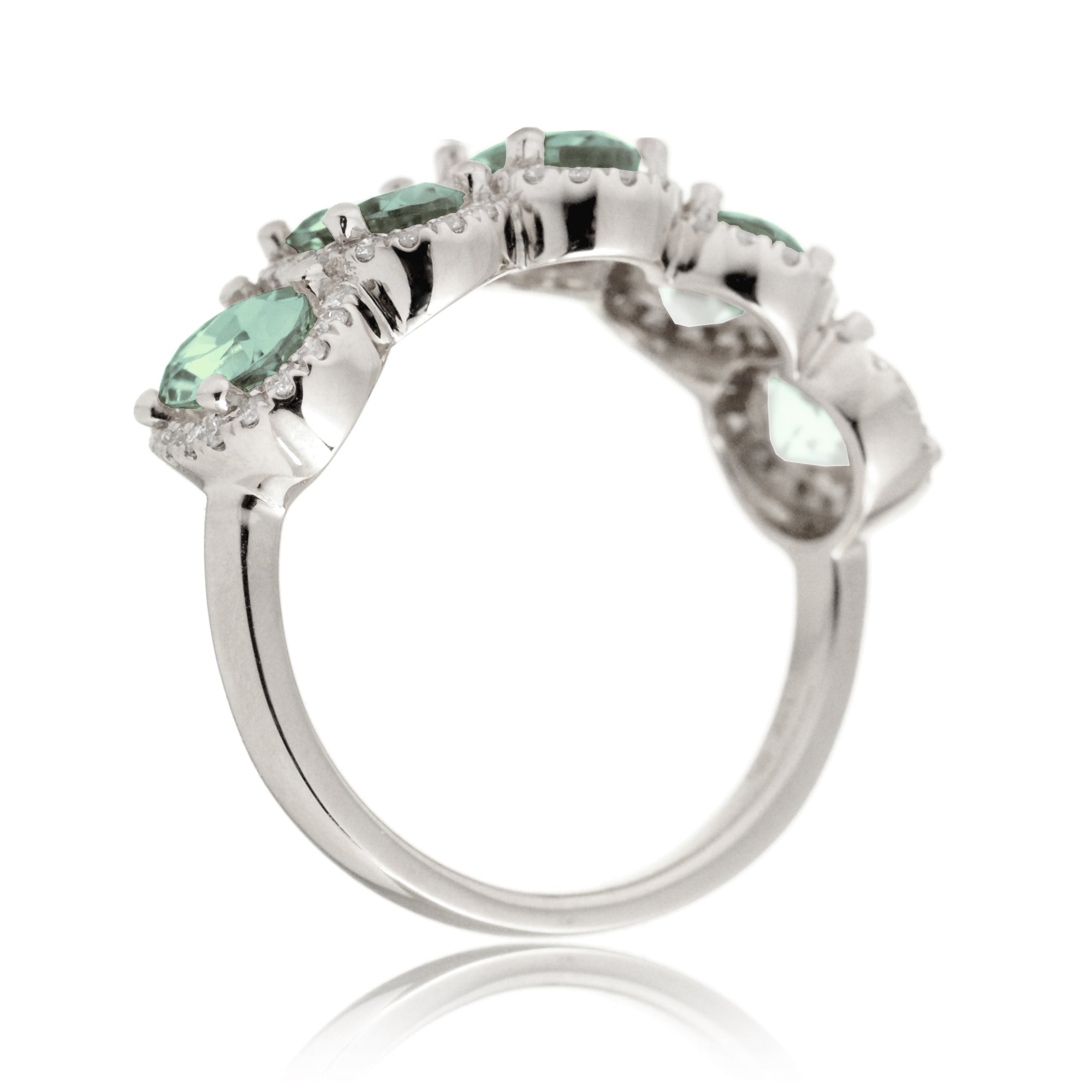 Five stone green sapphire wedding anniversary band with diamond halo in white gold