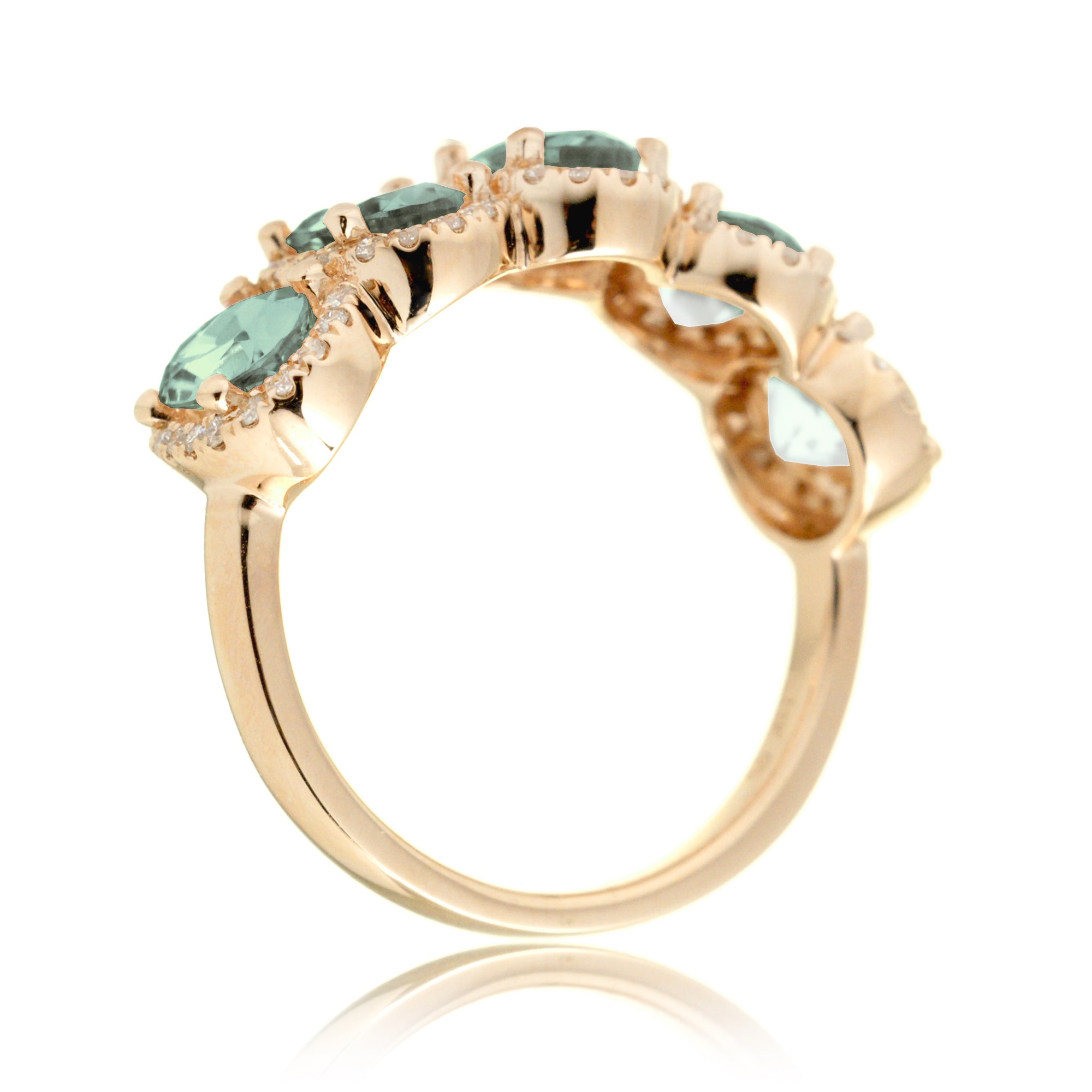 Five stone green sapphire wedding anniversary band with diamond halo in yellow gold