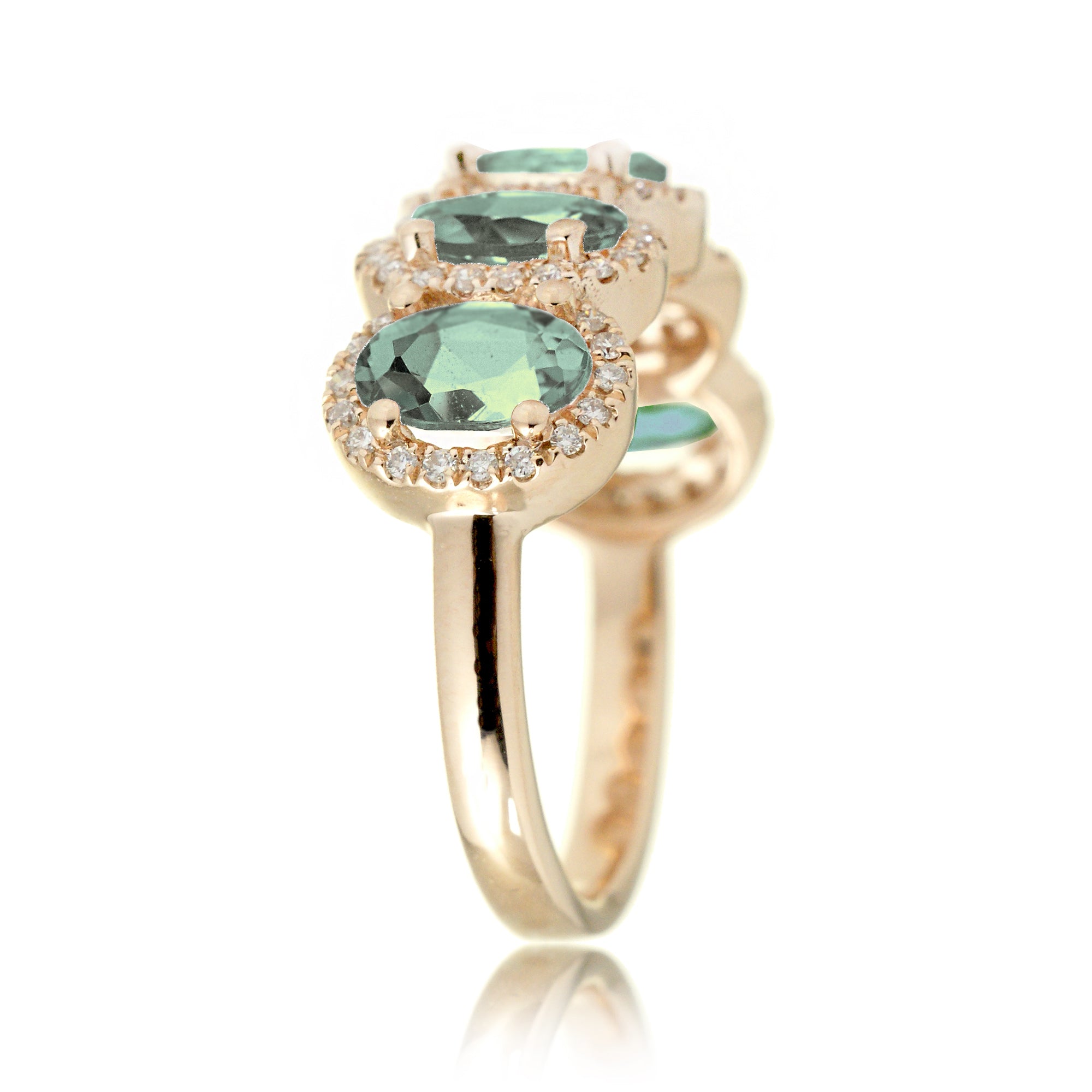 Five stone green sapphire wedding anniversary band with diamond halo in yellow gold