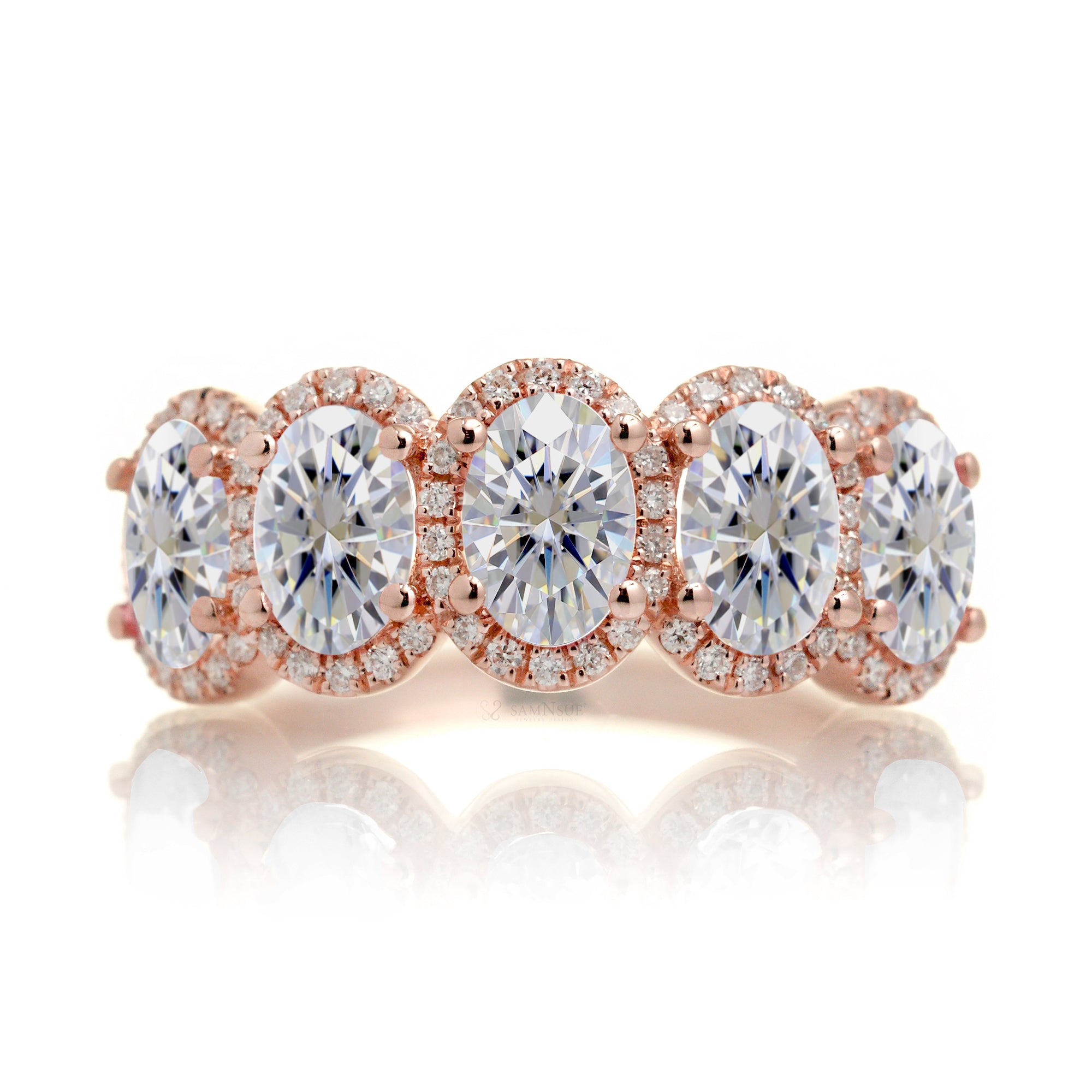 Moissanite anniversary wedding band with moissanite and diamonds in rose gold