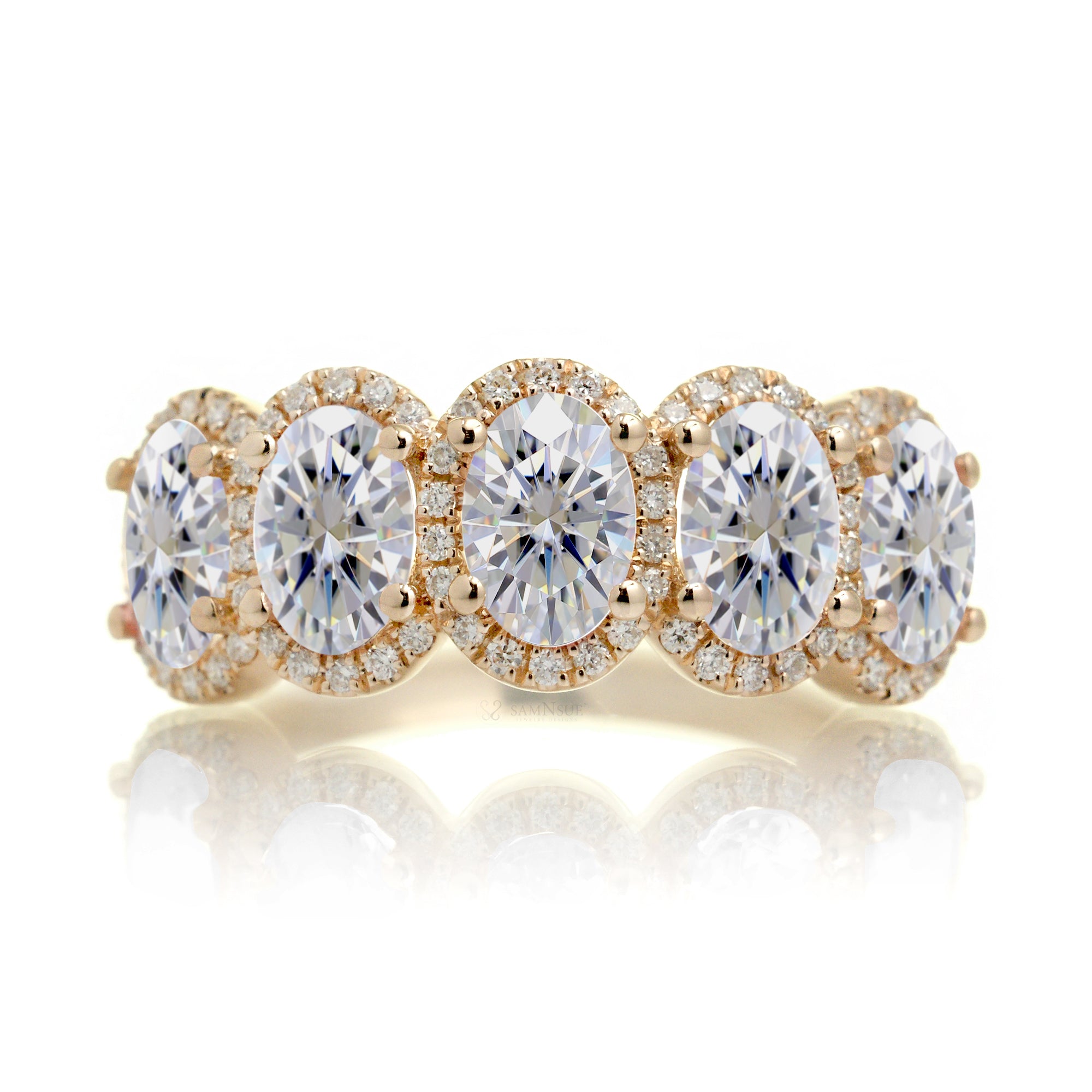Moissanite anniversary wedding band with moissanite and diamonds in yellow gold
