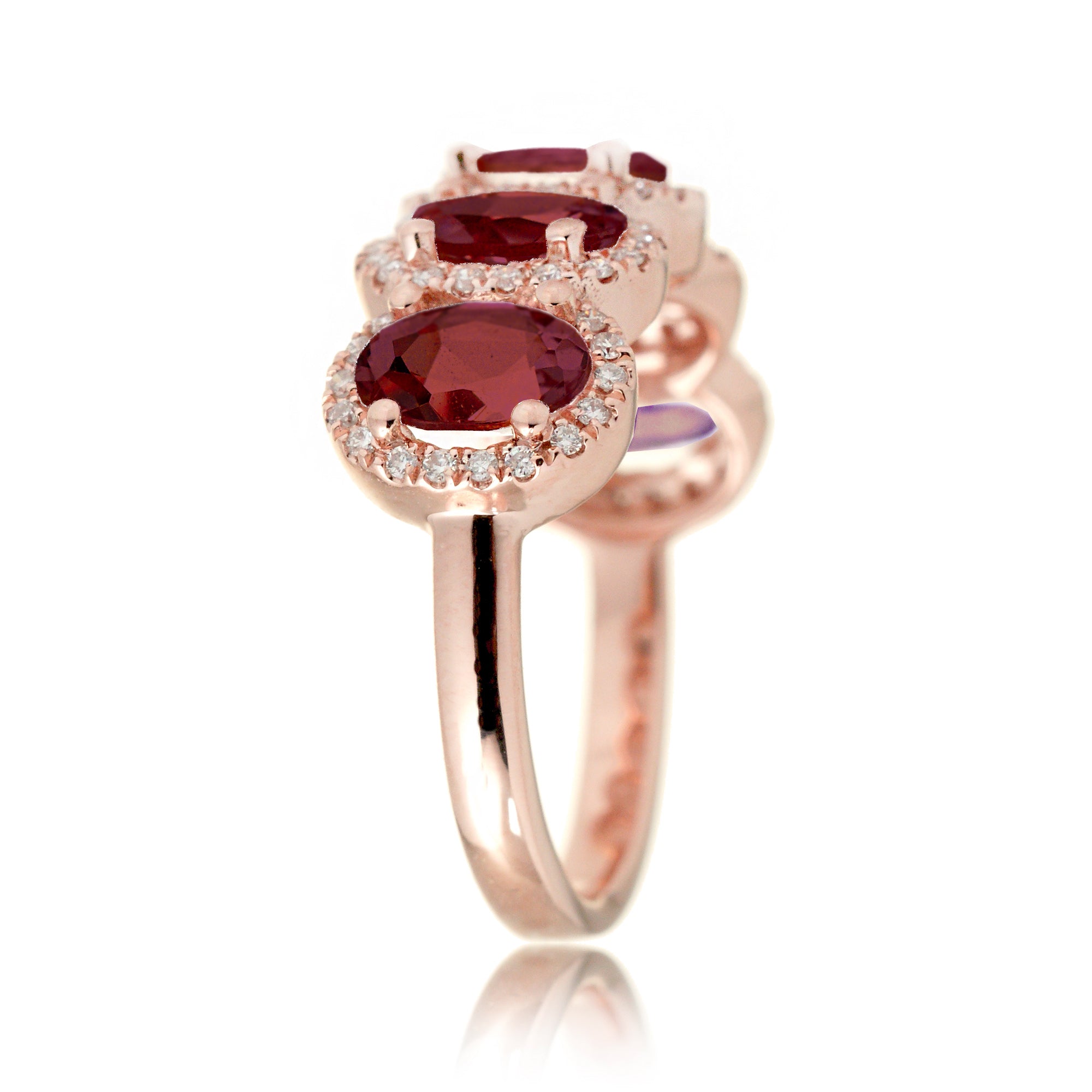 Five stone ruby anniversary band with diamond halo in rose gold