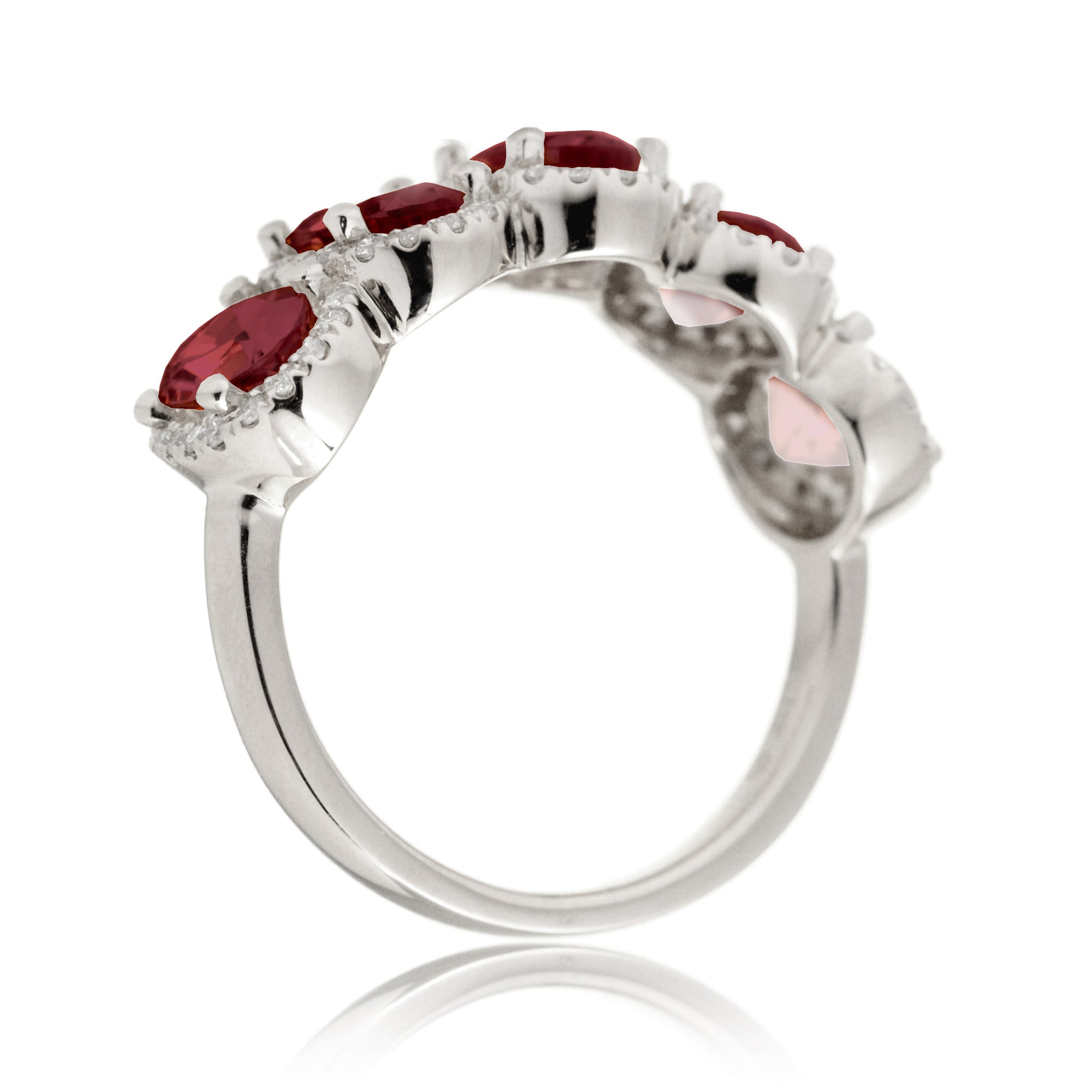 Five stone ruby anniversary band with diamond halo in white gold