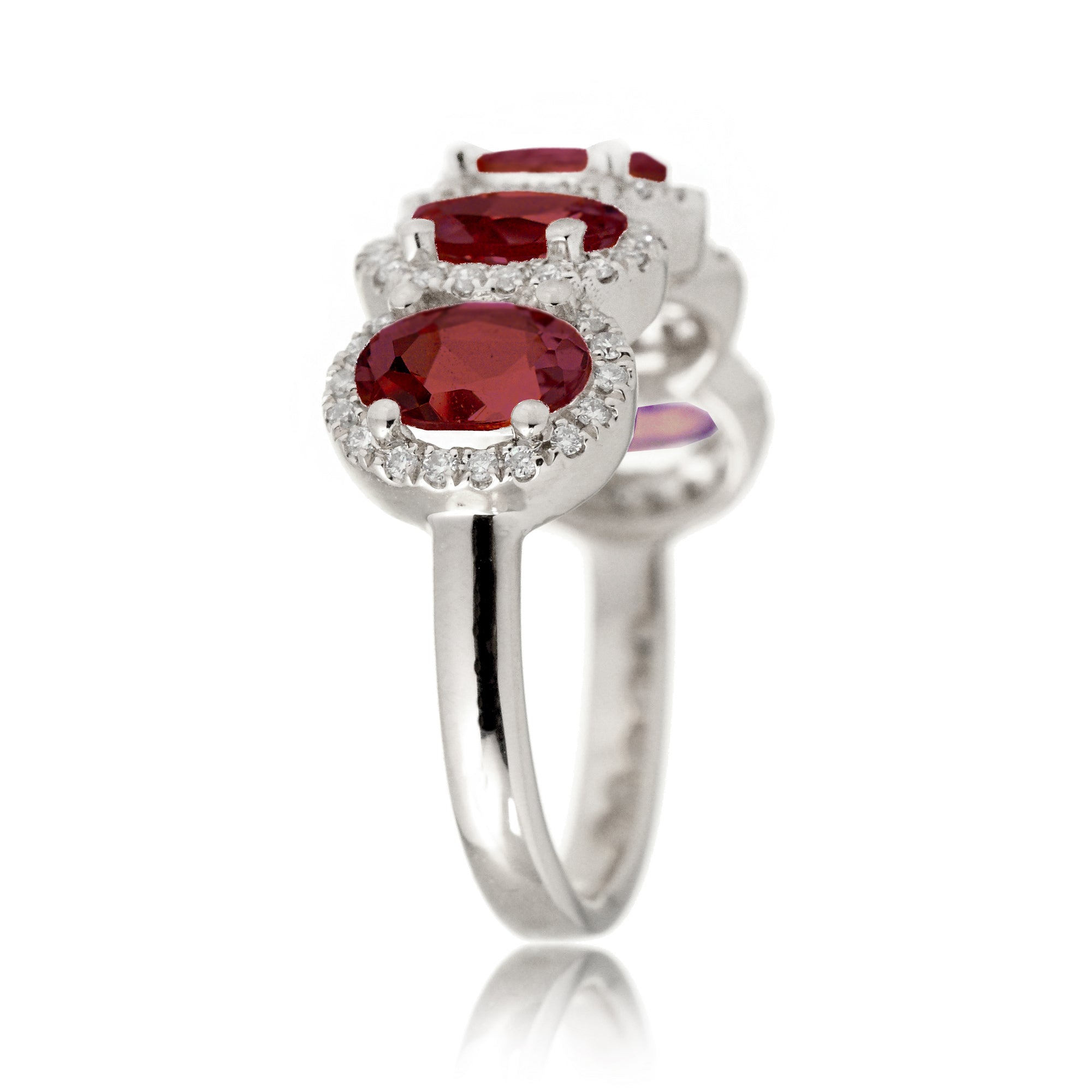 Five stone ruby anniversary band with diamond halo in white gold