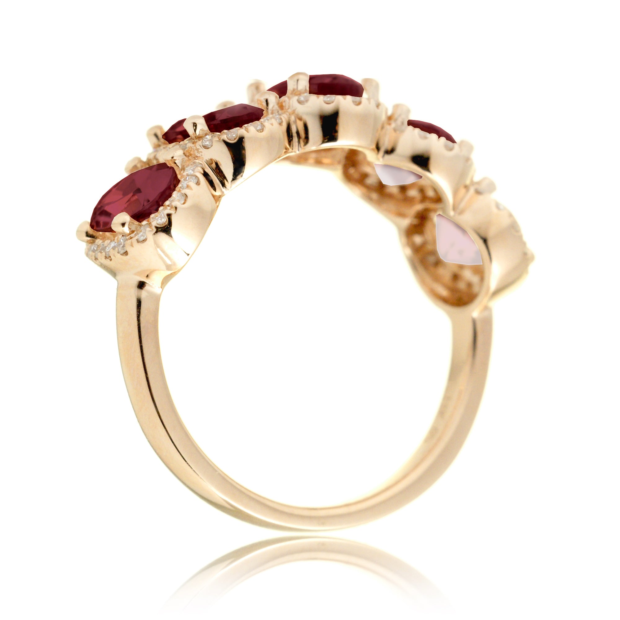 Five stone ruby anniversary band with diamond halo in yellow gold