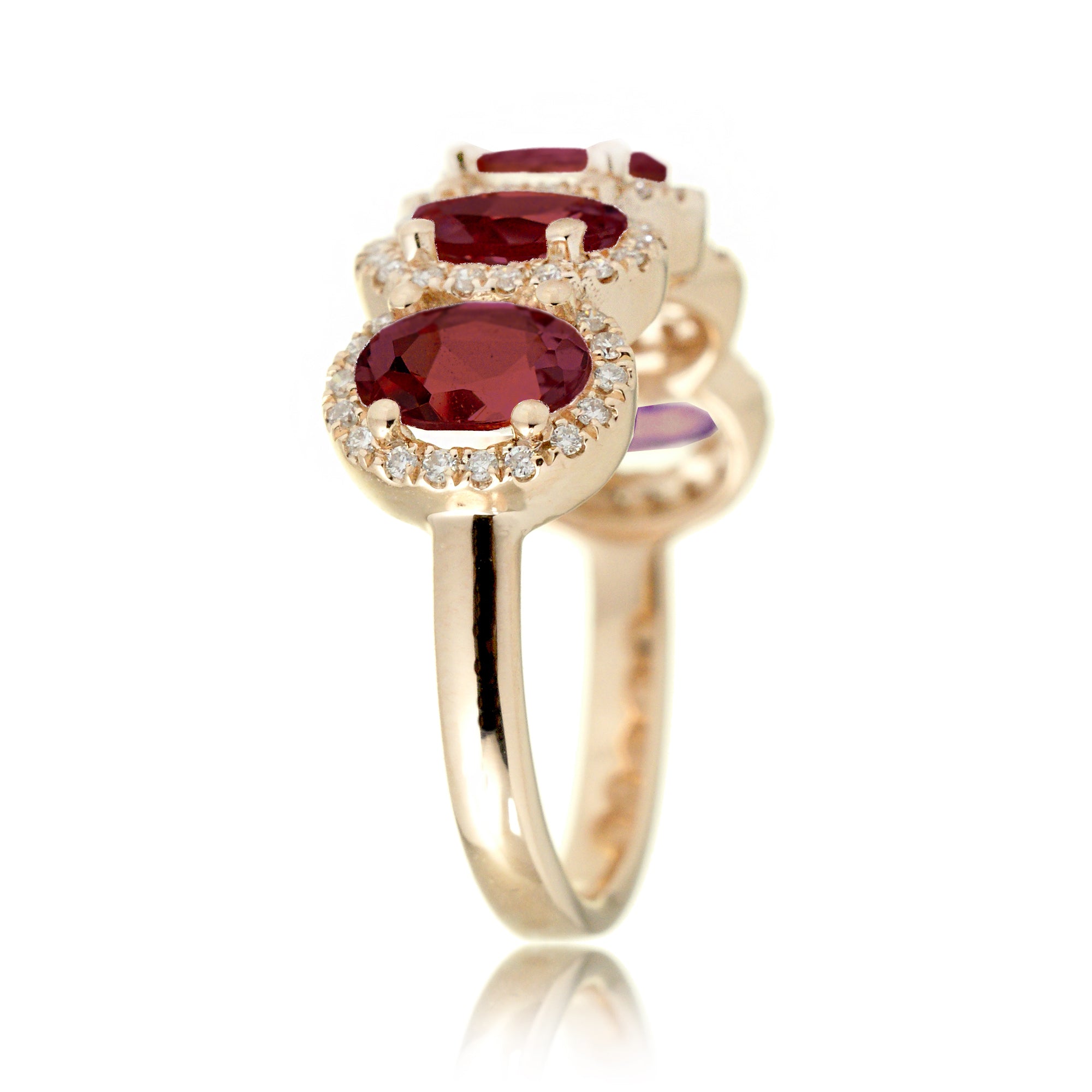 Five stone ruby anniversary band with diamond halo in yellow gold