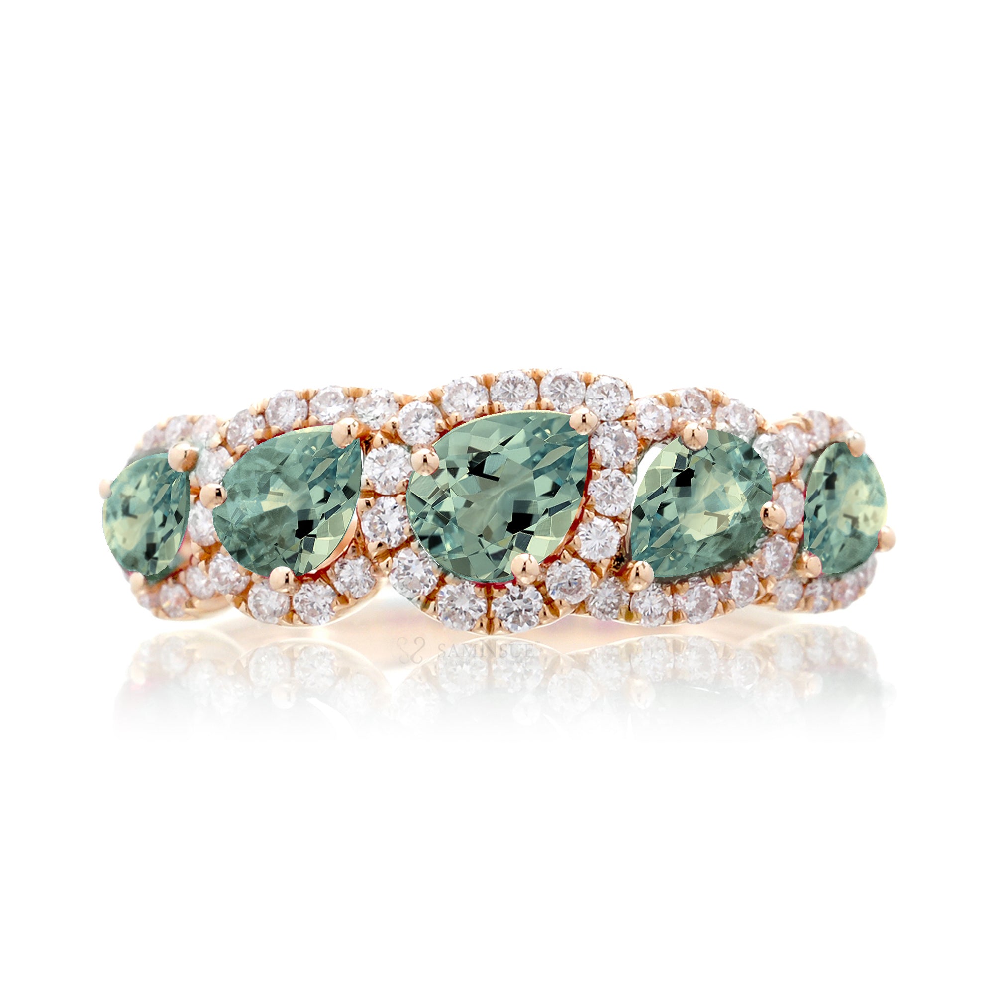 Green sapphire five stone anniversary wedding band rose gold
