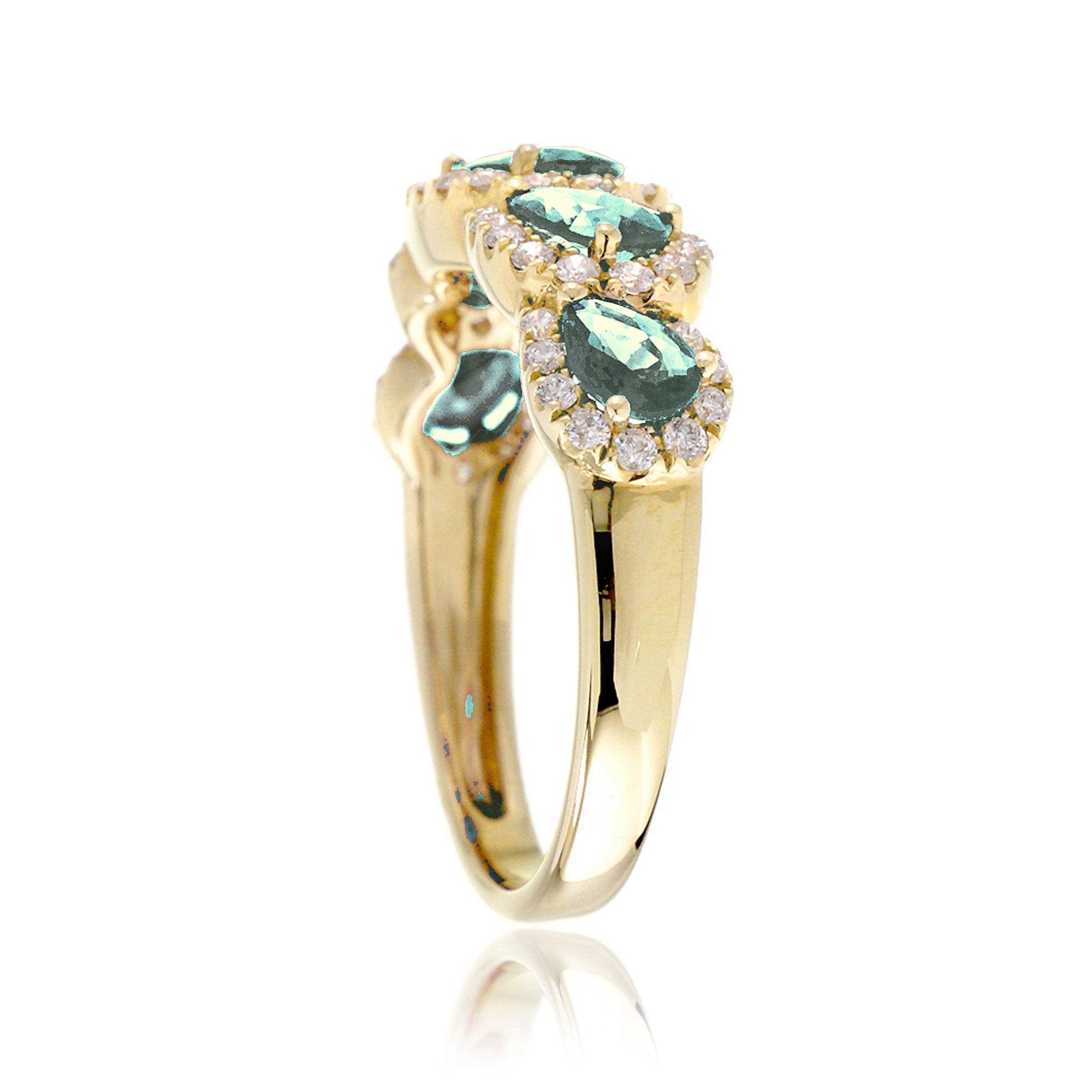 Green sapphire five stone anniversary wedding band yellow gold