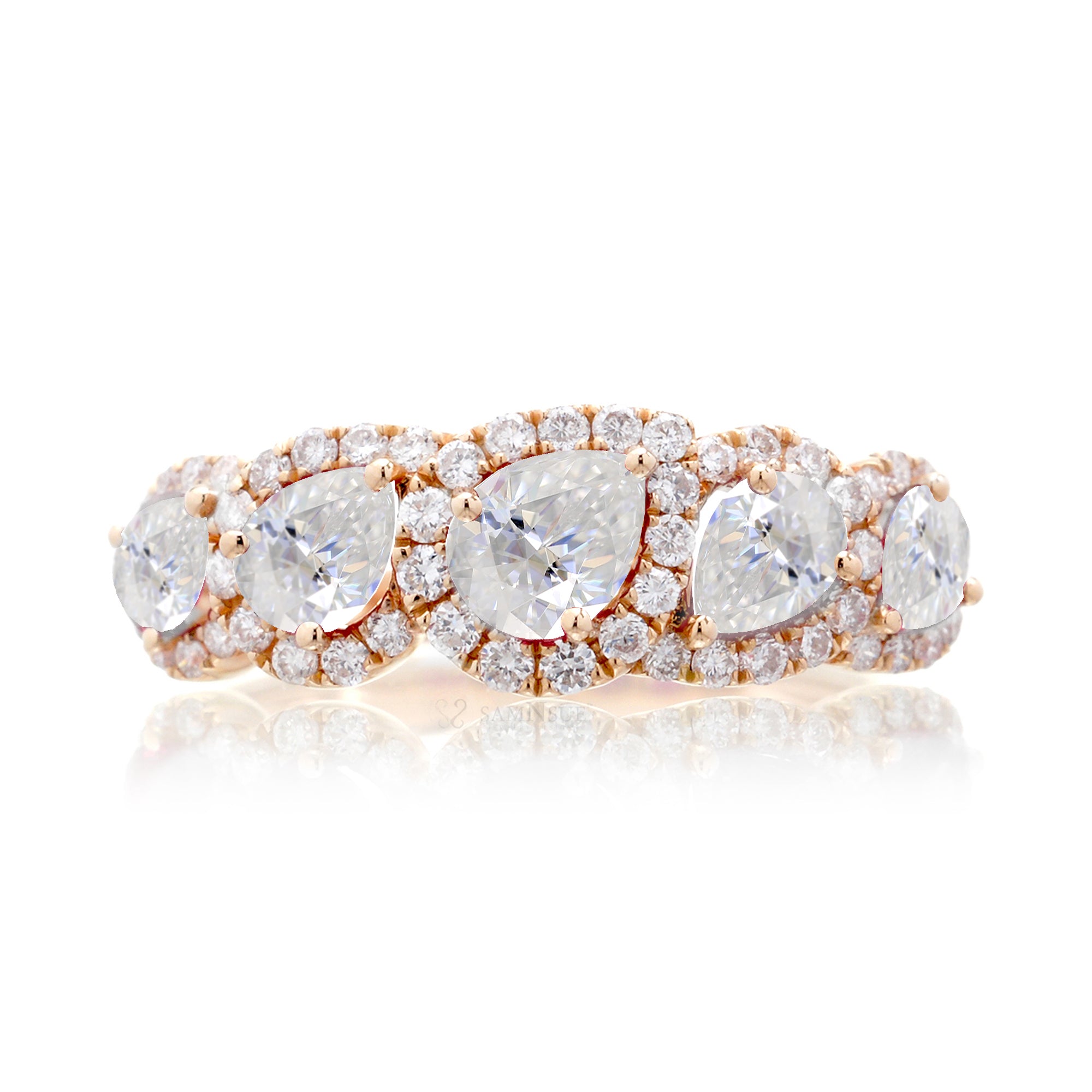Moissanite pear cut five stone diamond halo anniversary wedding band rose gold