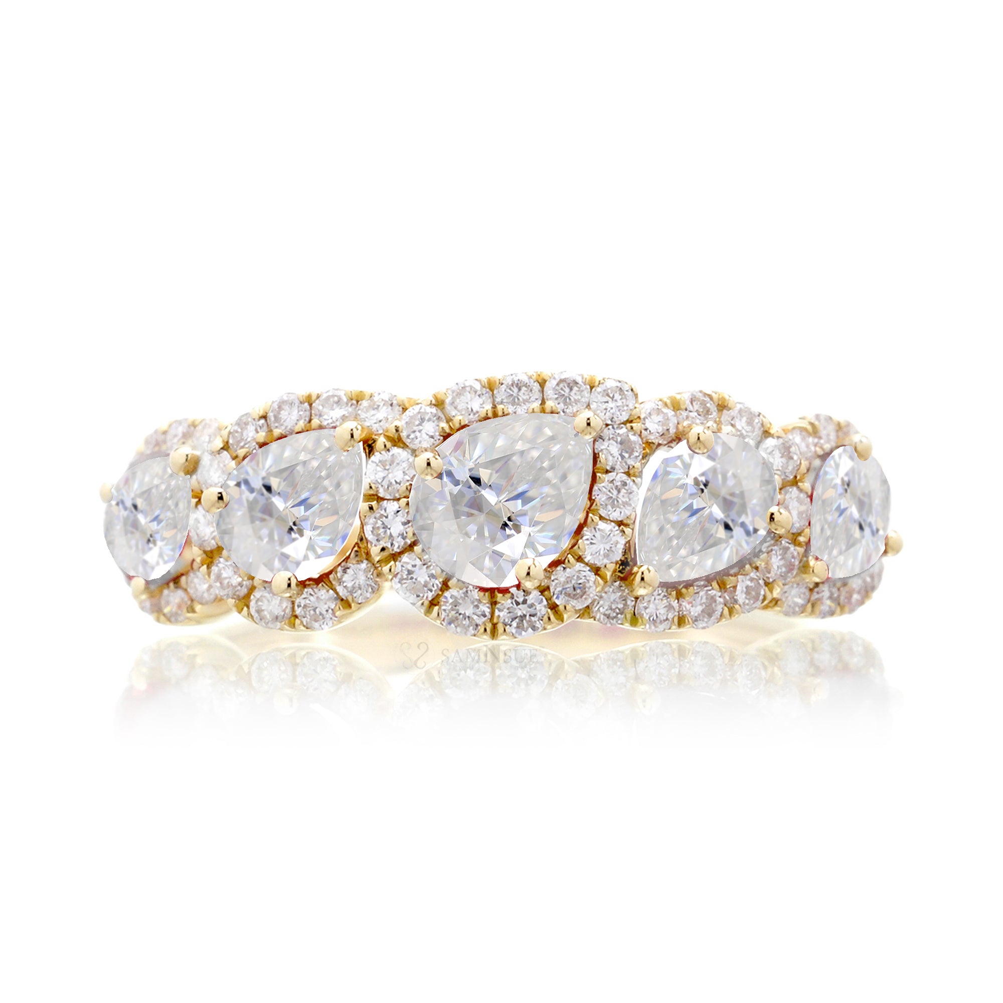 Moissanite pear cut five stone diamond halo anniversary wedding band yellow gold