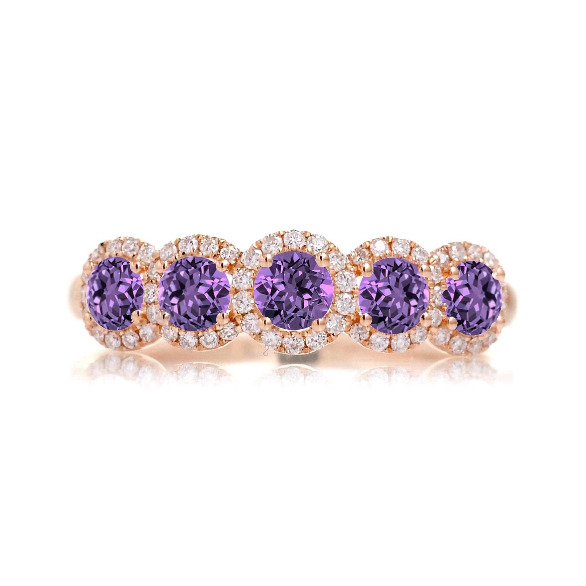 Five stone purple sapphire with diamond halo anniversary band rose gold
