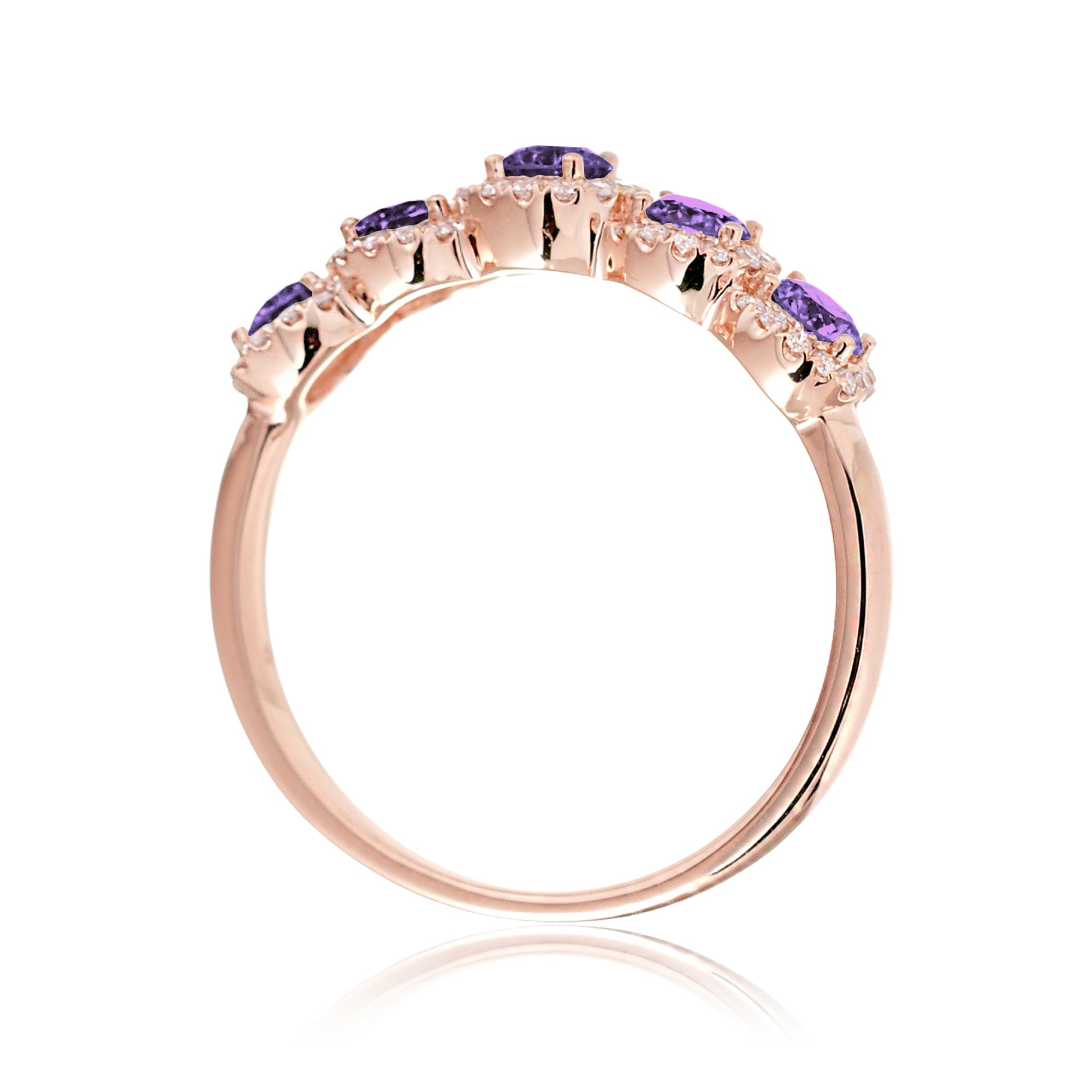 Five stone purple sapphire with diamond halo anniversary band rose gold