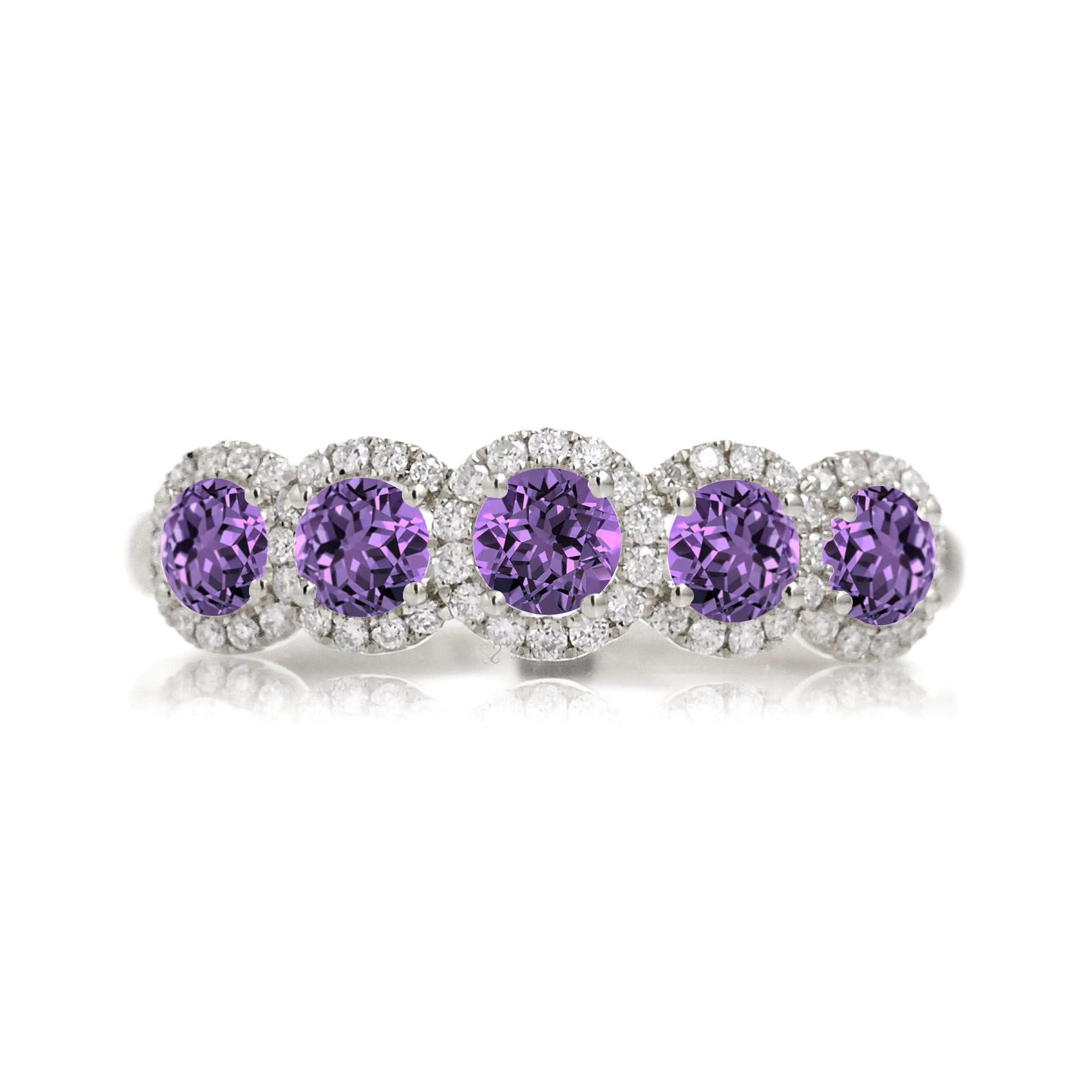 Five stone purple sapphire with diamond halo anniversary band white gold