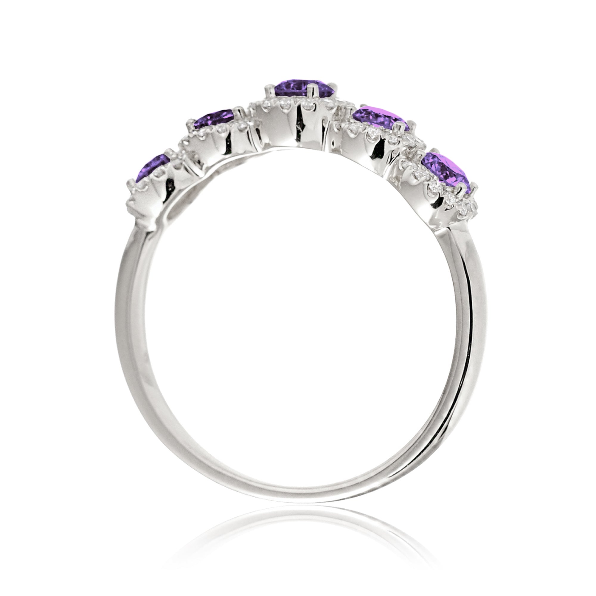 Five stone purple sapphire with diamond halo anniversary band white gold