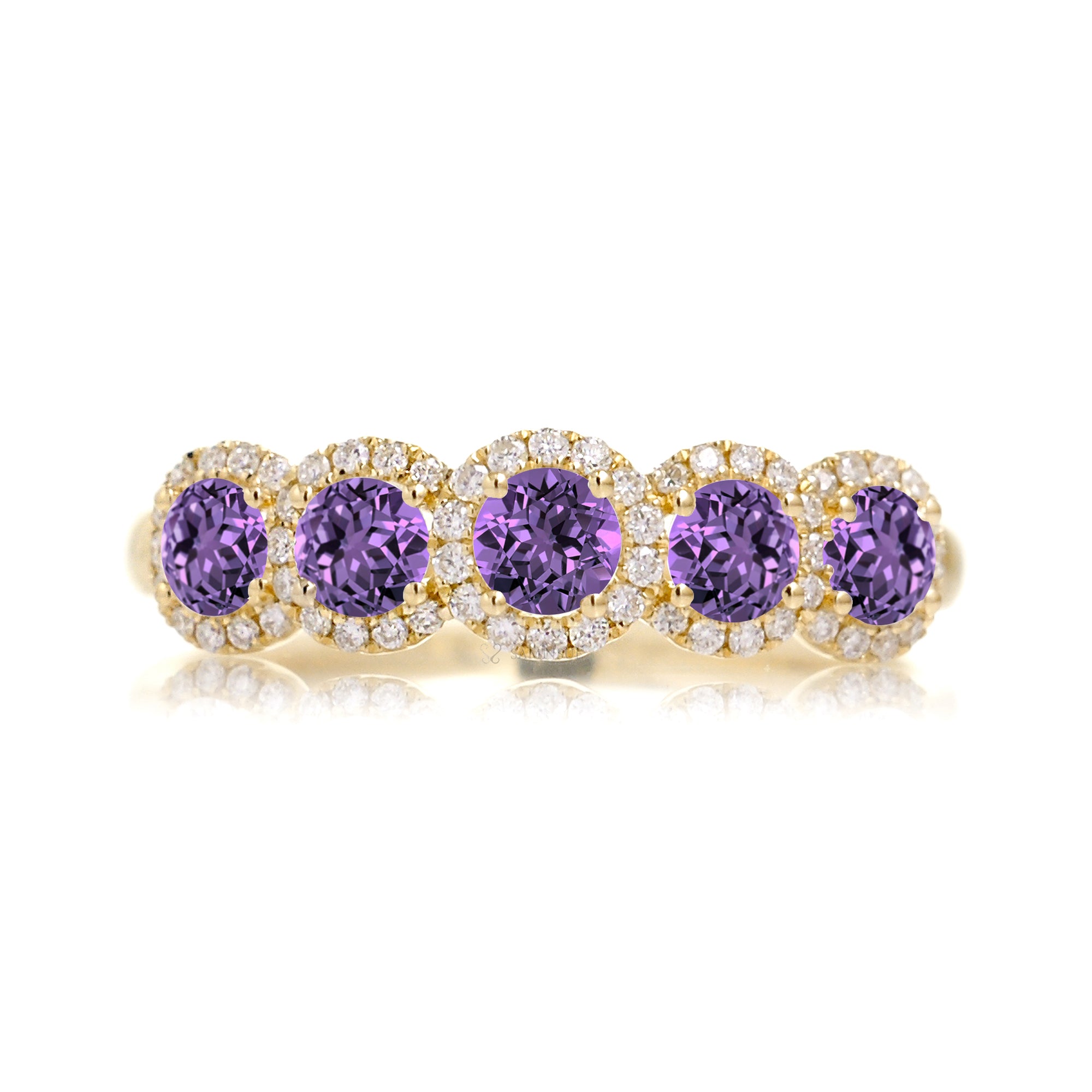 Five stone purple sapphire with diamond halo anniversary band yellow gold