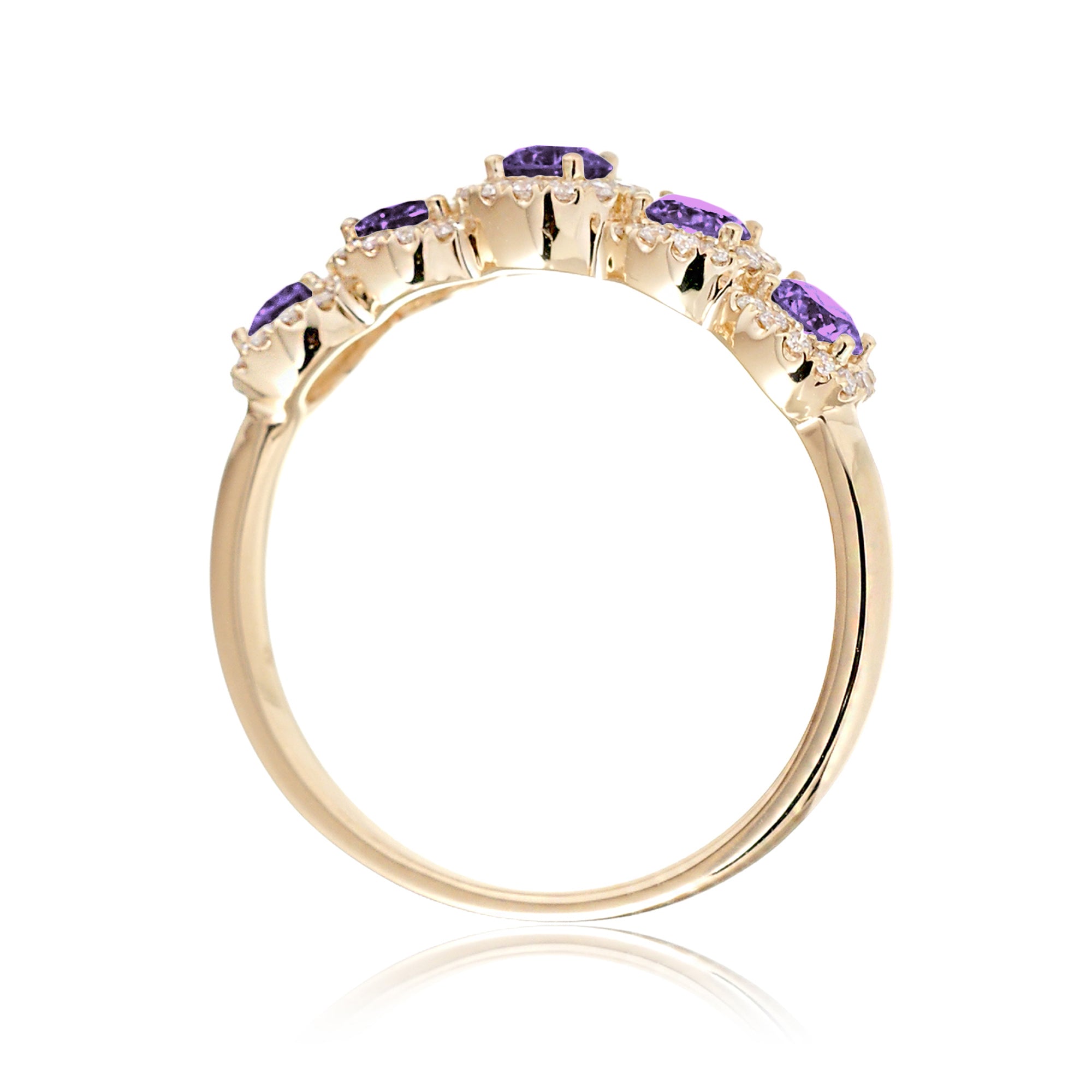 Five stone purple sapphire with diamond halo anniversary band yellow gold