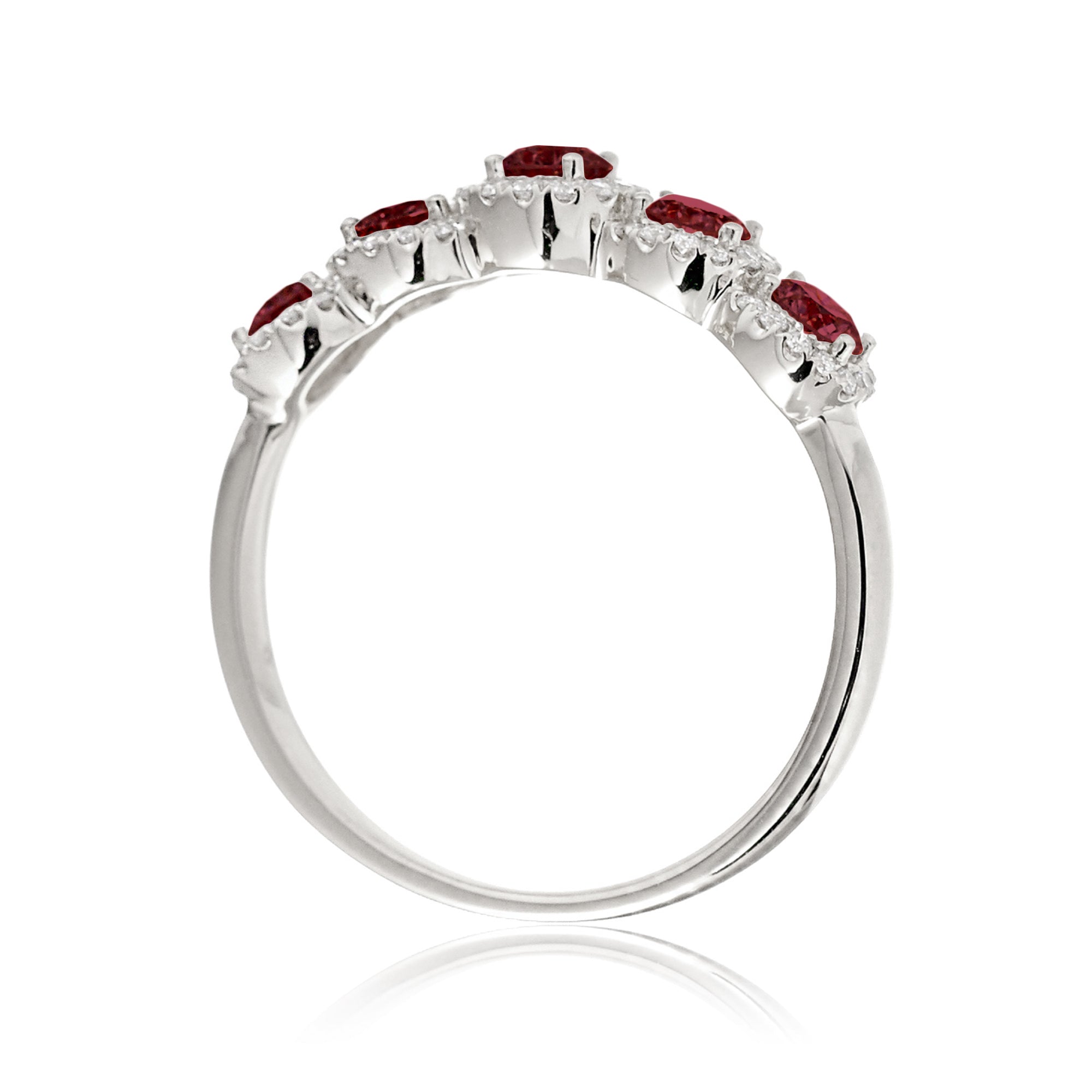 Five stone ruby diamond halo wedding anniversary band the olivia white gold
