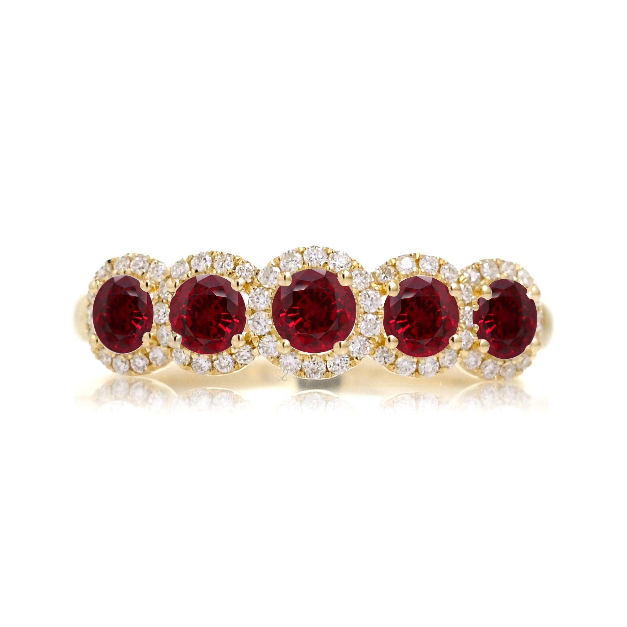 Five stone ruby diamond halo wedding anniversary band the olivia yellow gold