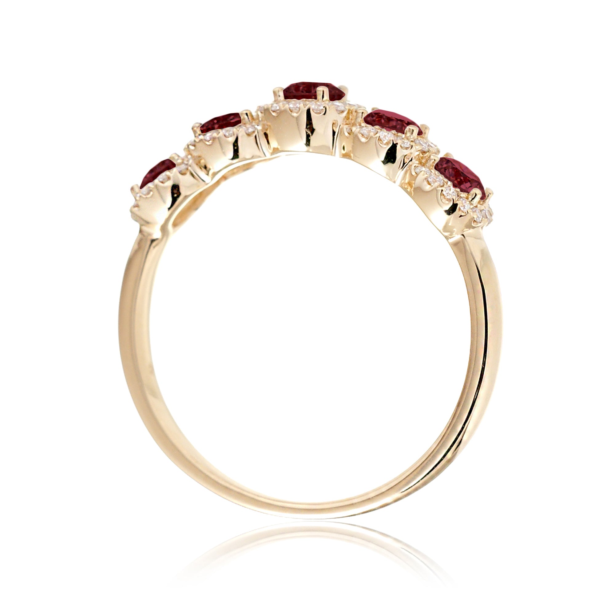 Five stone ruby diamond halo wedding anniversary band the olivia yellow gold