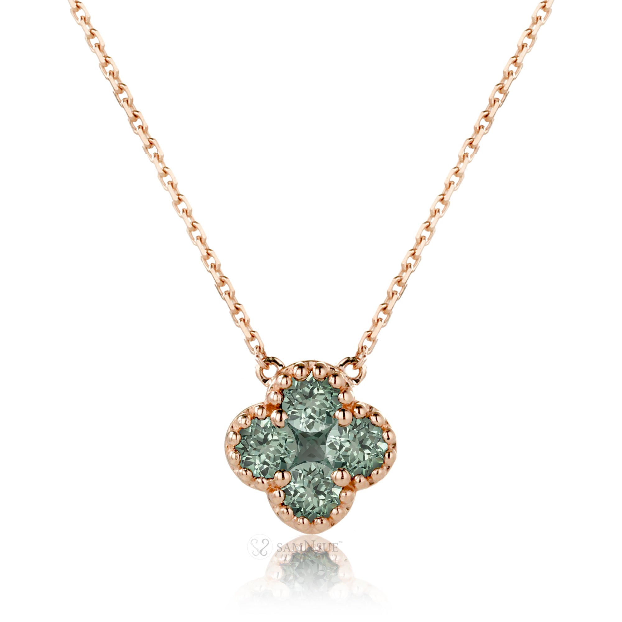 Green sapphire clover bezel necklace rose gold