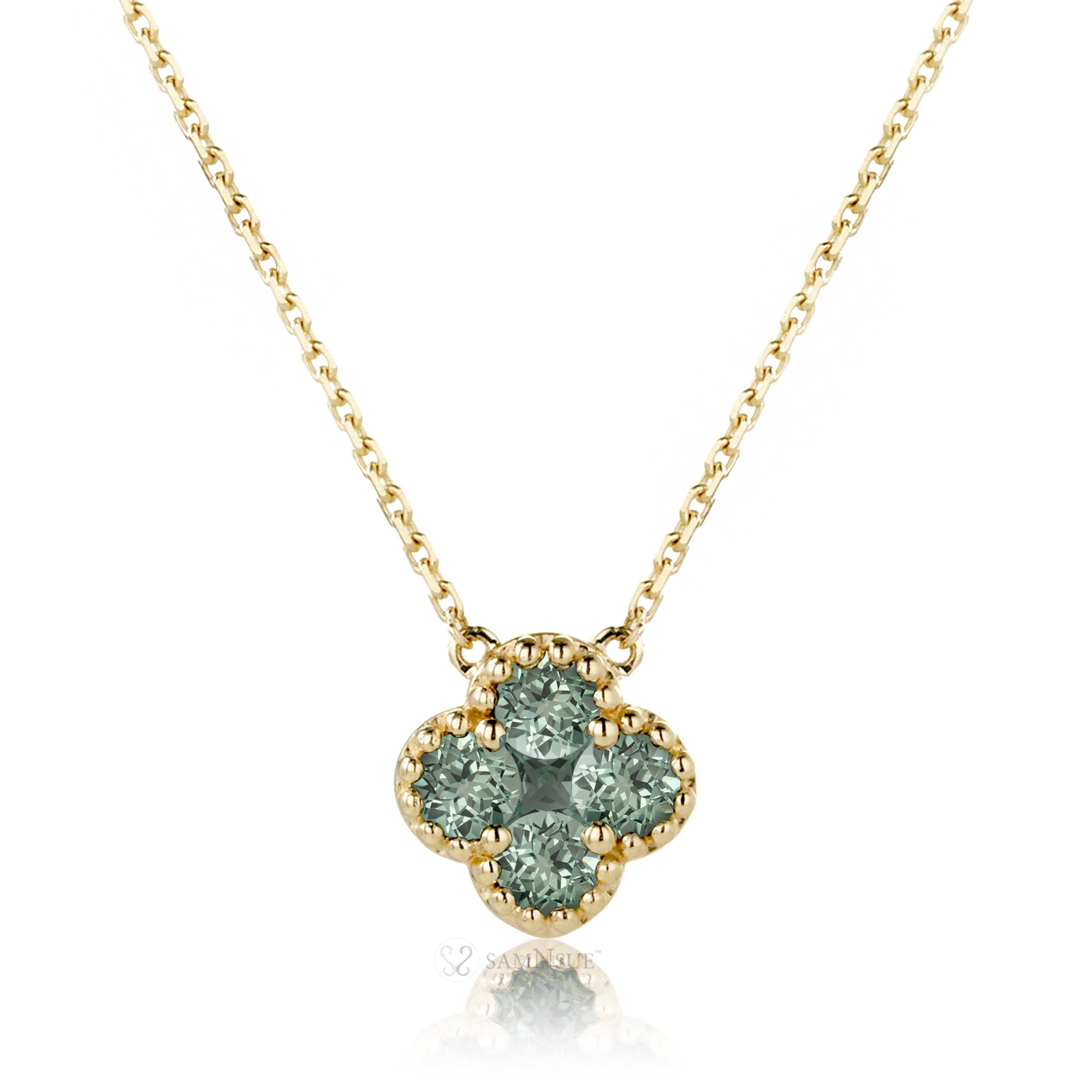 Green sapphire clover bezel necklace yellow gold