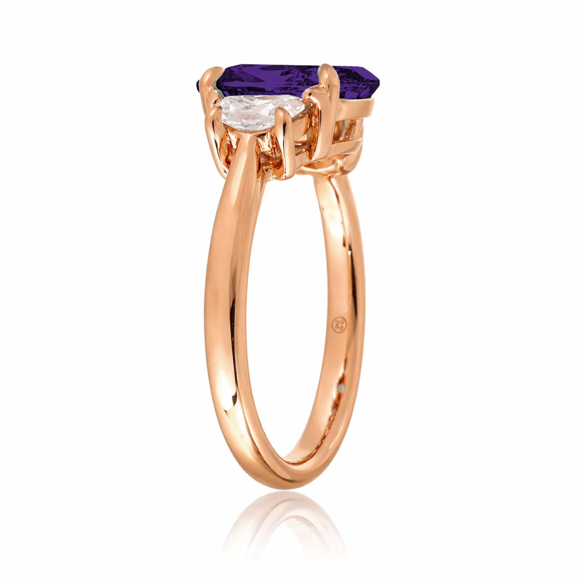 Amethyst three stone ring with half moon diamond past present future rose gold