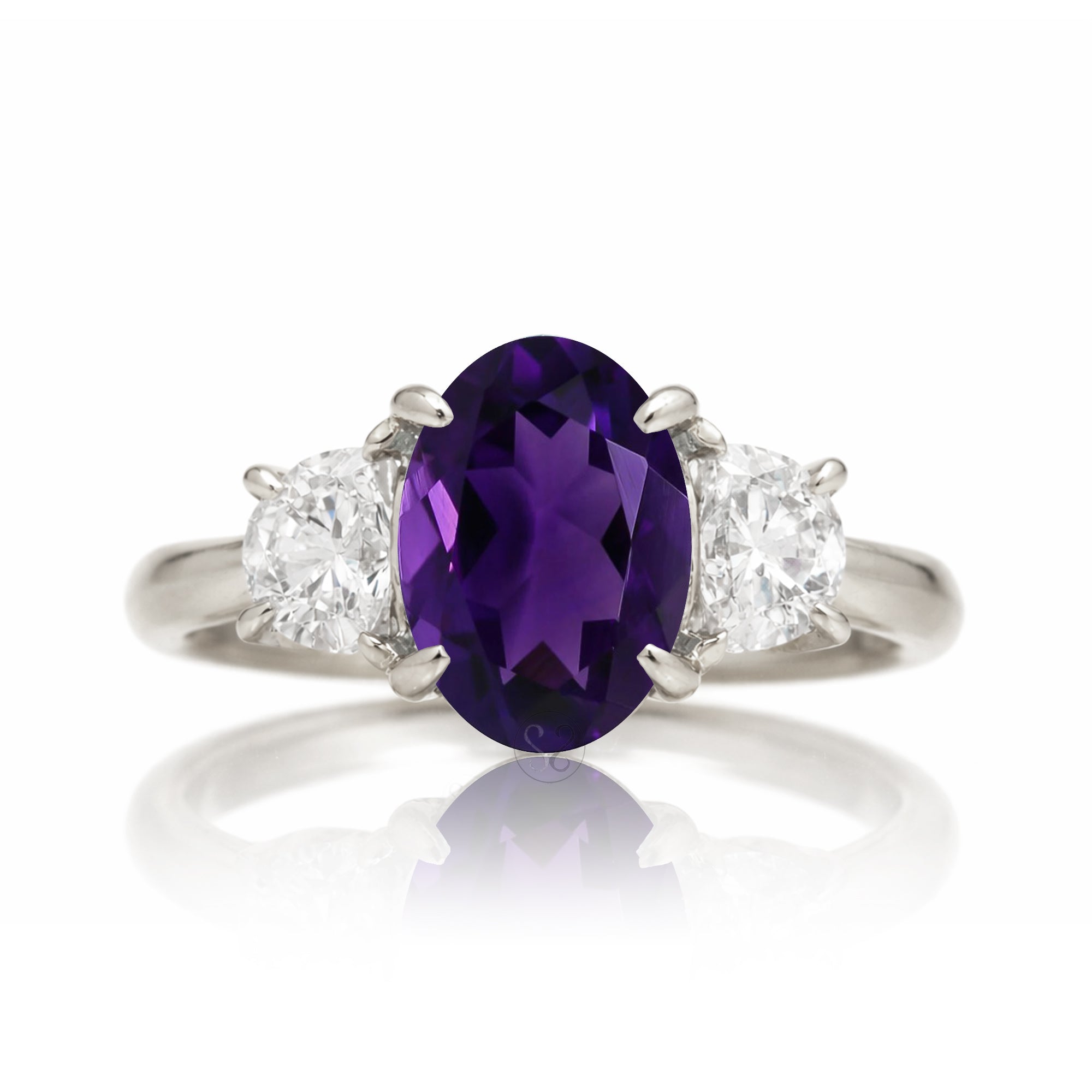Amethyst three stone ring with half moon diamond past present future white gold