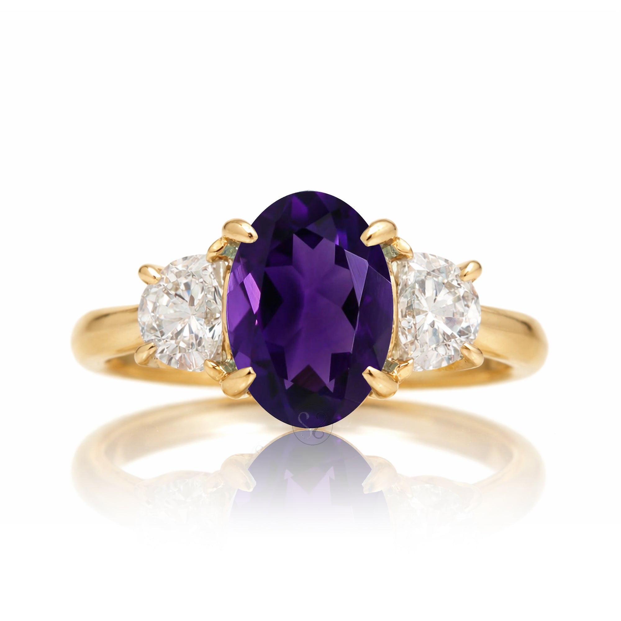 Amethyst three stone ring with half moon diamond past present future yellow gold
