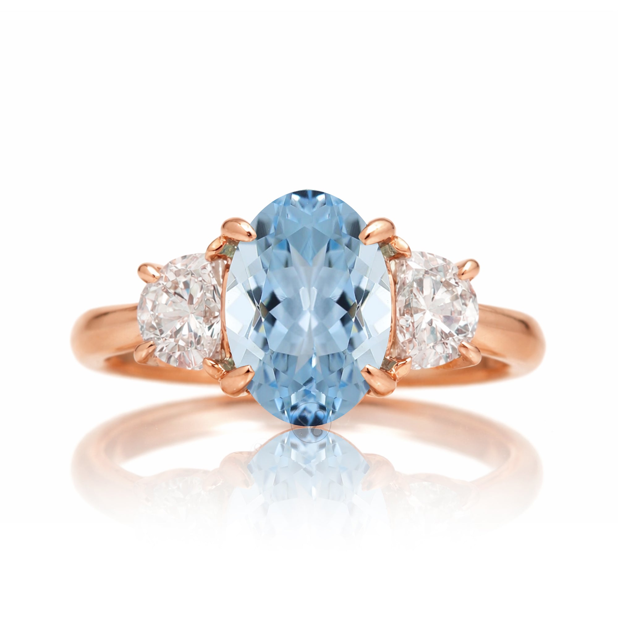 Aquamarine past present future ring with half moon diamonds in rose gold