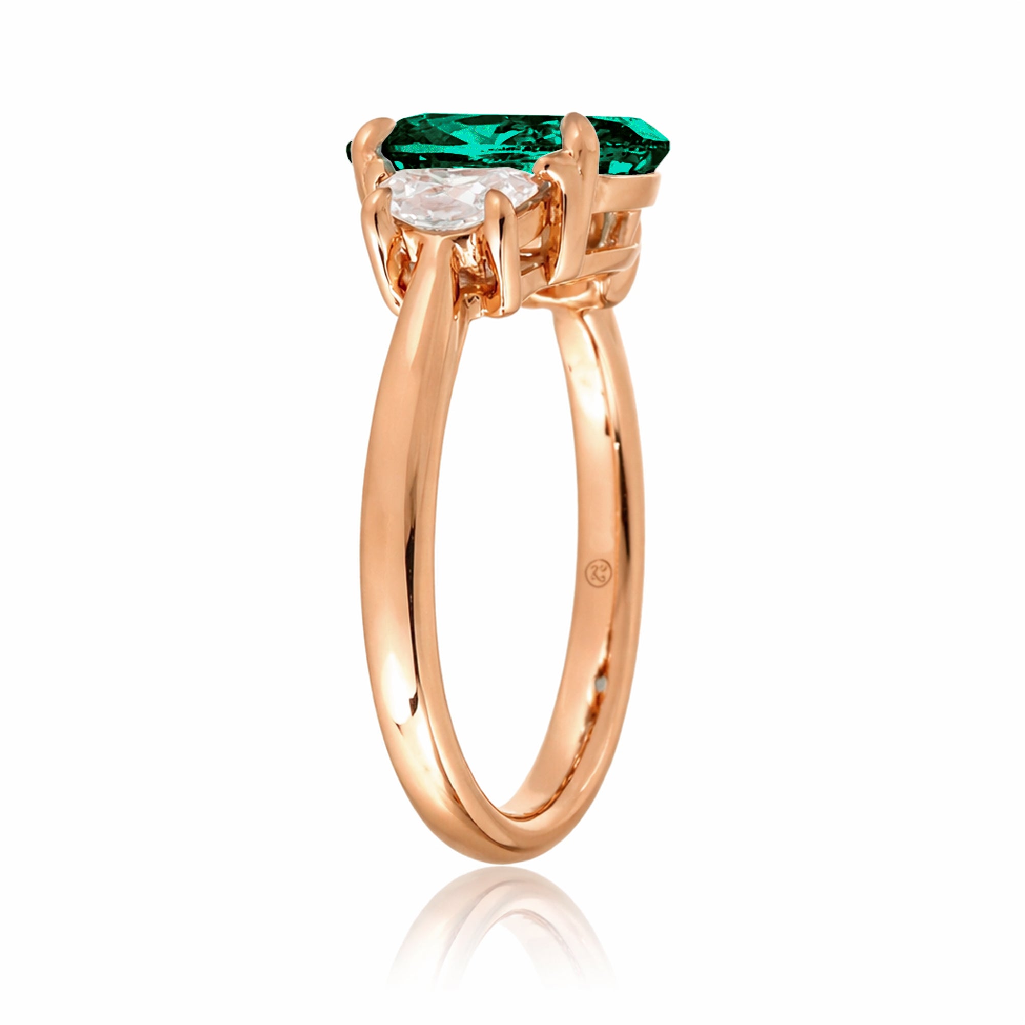 Oval emerald three stone half moon diamond ring rose gold