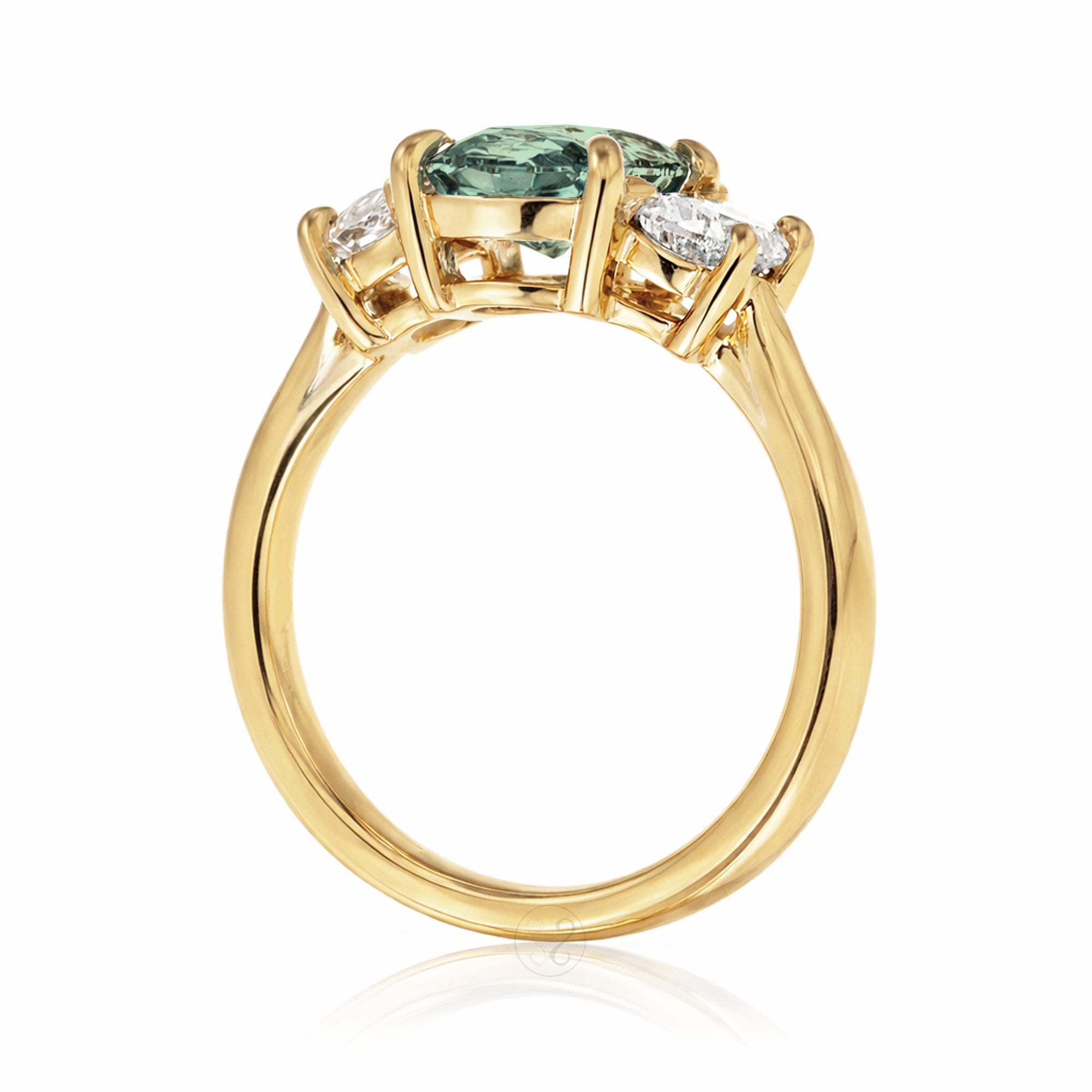 Green sapphire three stone half moon diamond ring yellow gold