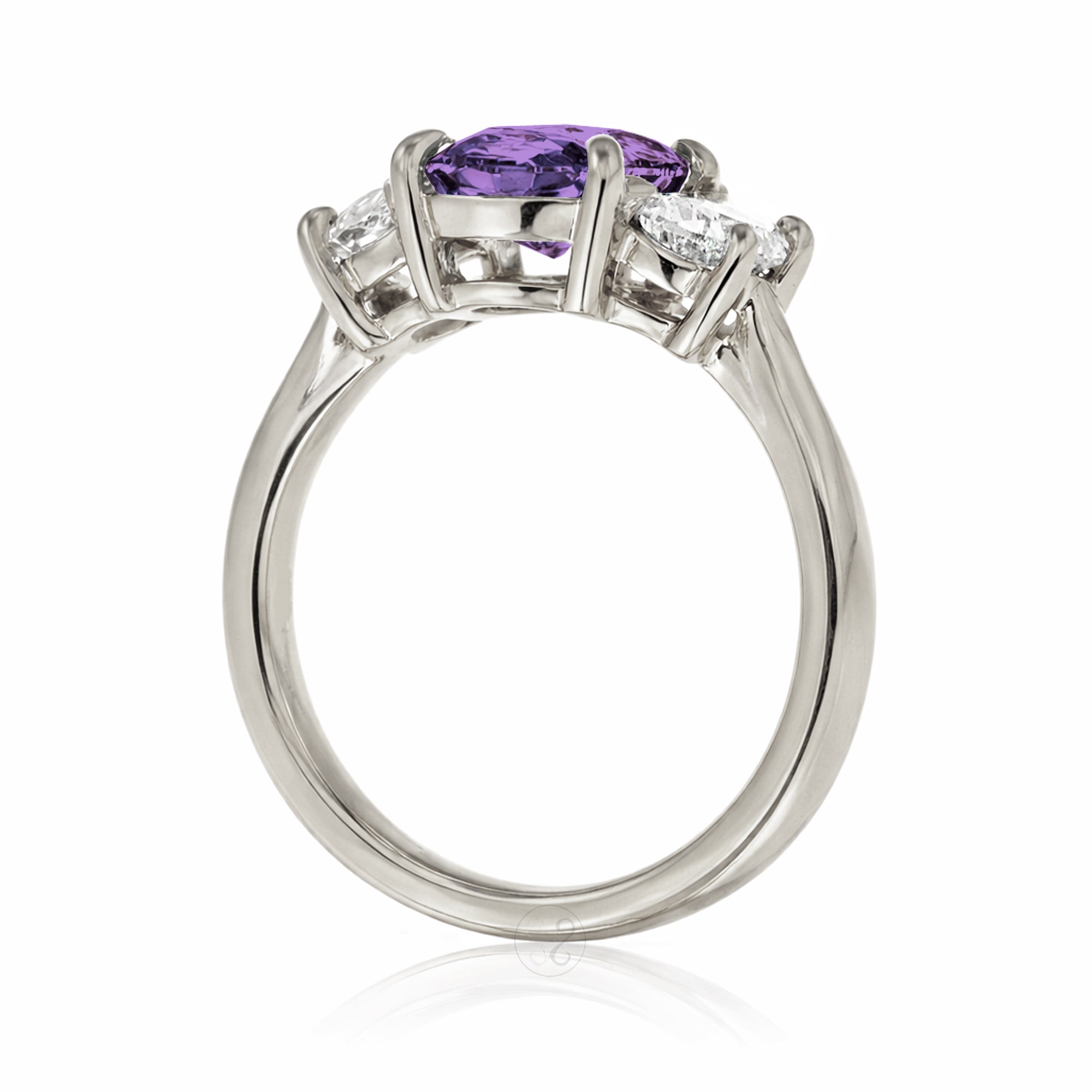 Purple sapphire three stone ring with half moon diamond past present future white gold