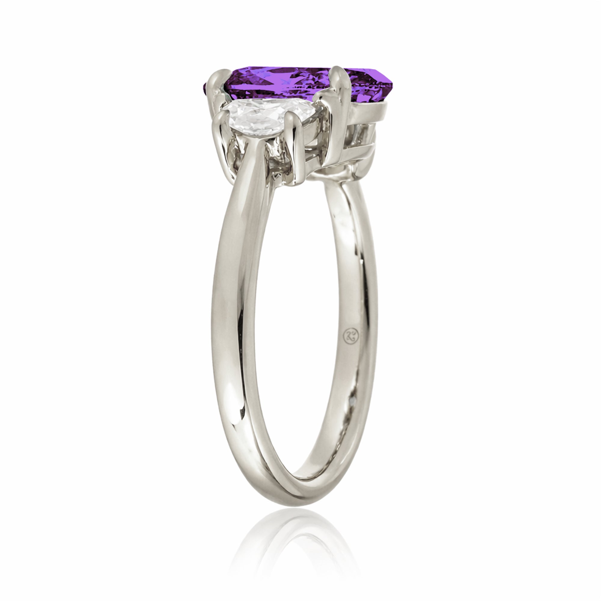 Purple sapphire three stone ring with half moon diamond past present future white gold