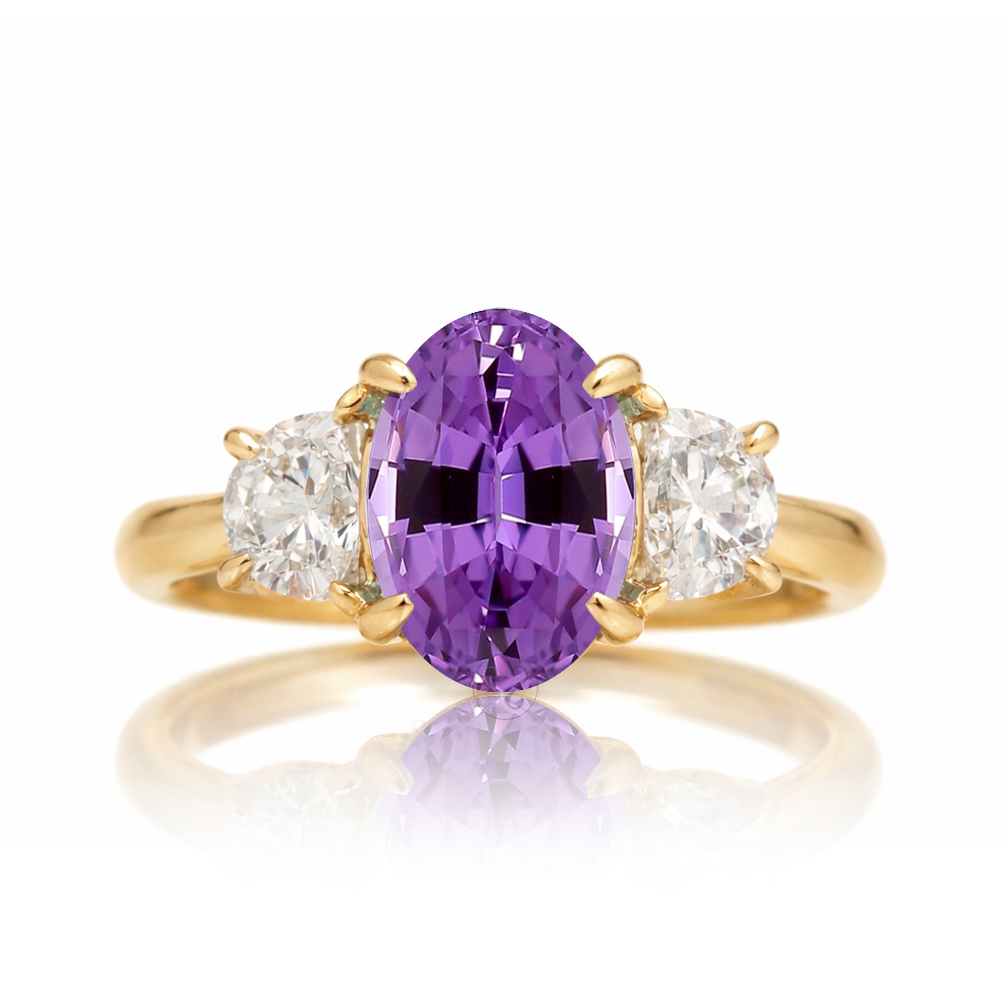 Purple sapphire three stone ring with half moon diamond past present future yellow gold