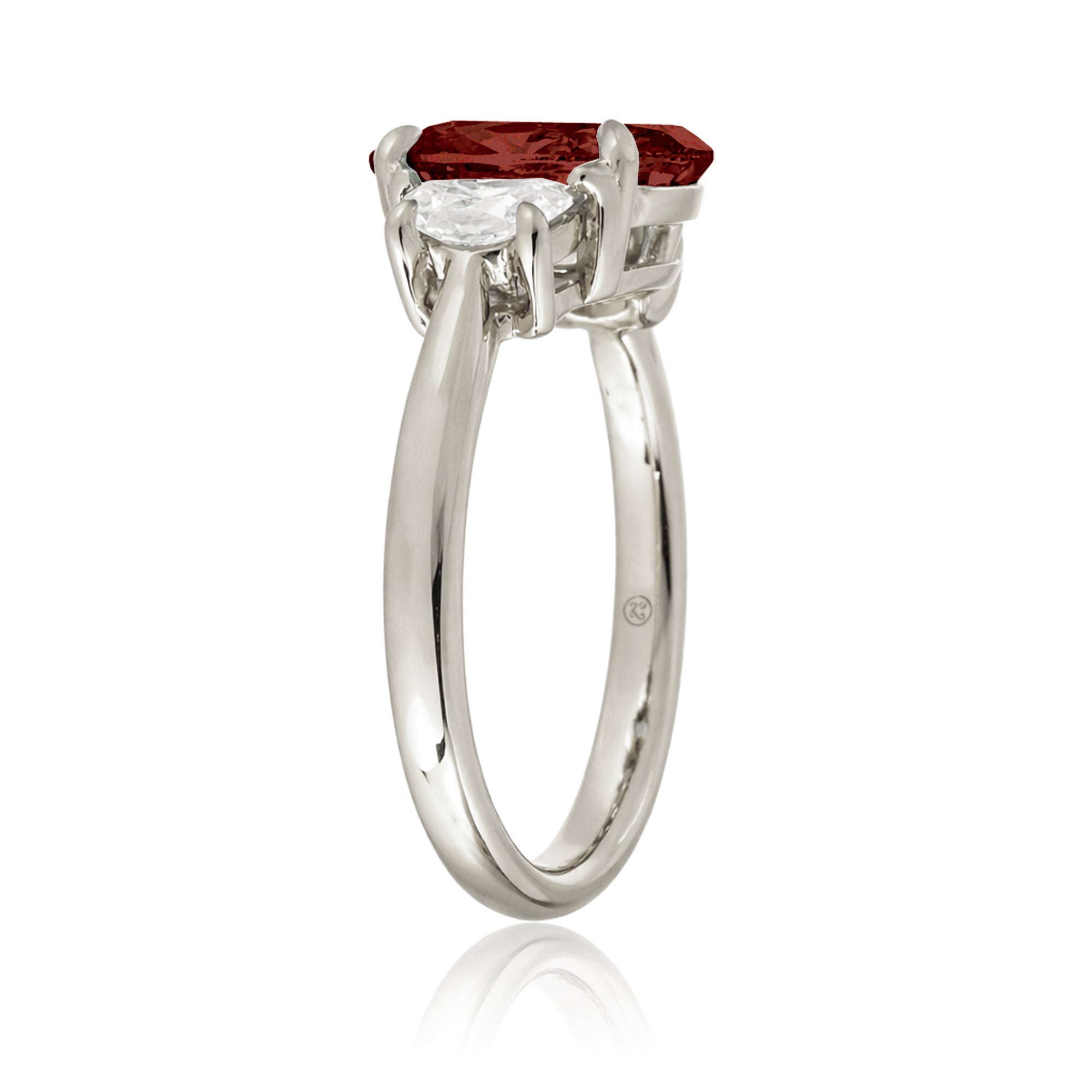 Ruby past present future ring with half moon diamonds in white gold