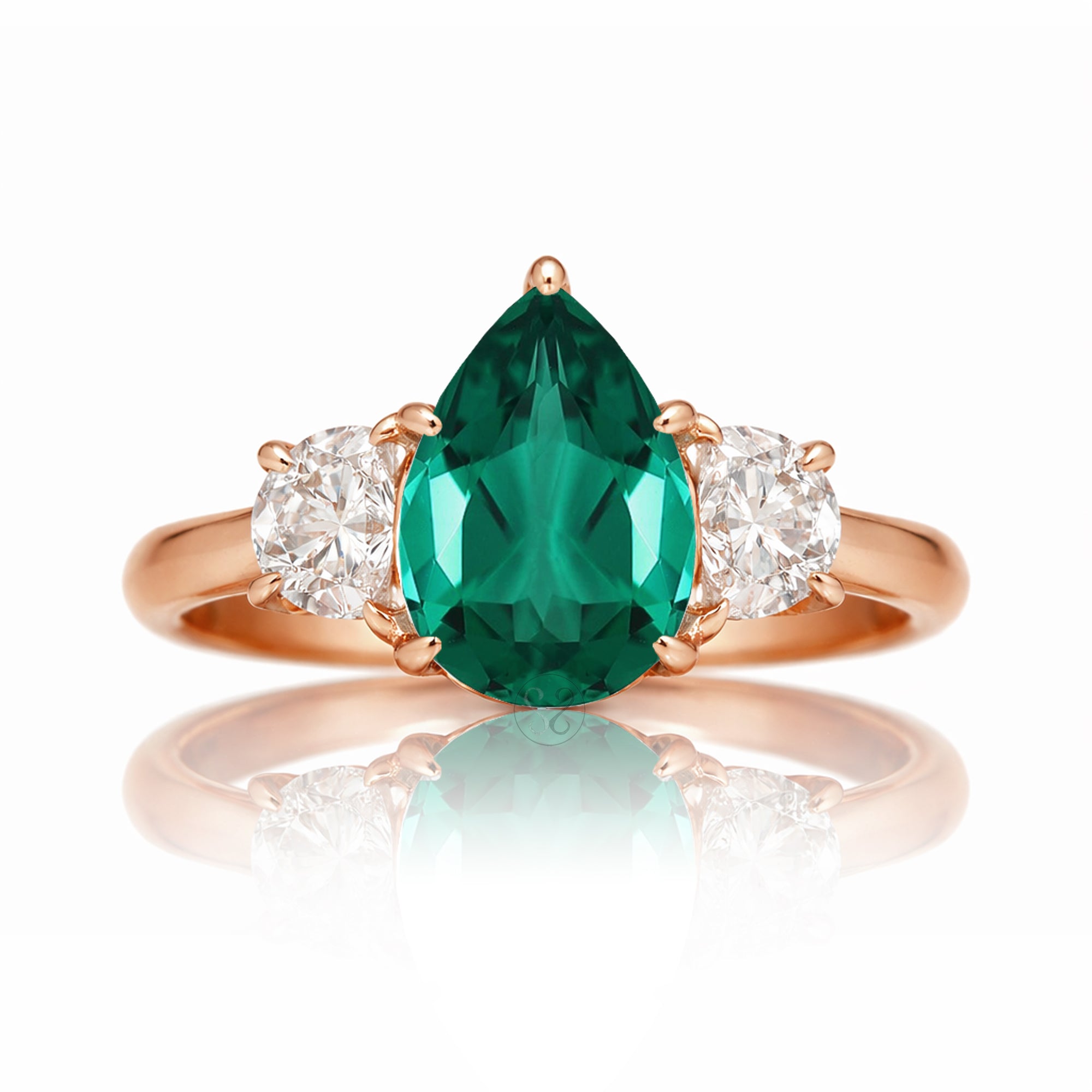 Pear emerald three stone half moon diamond ring rose gold
