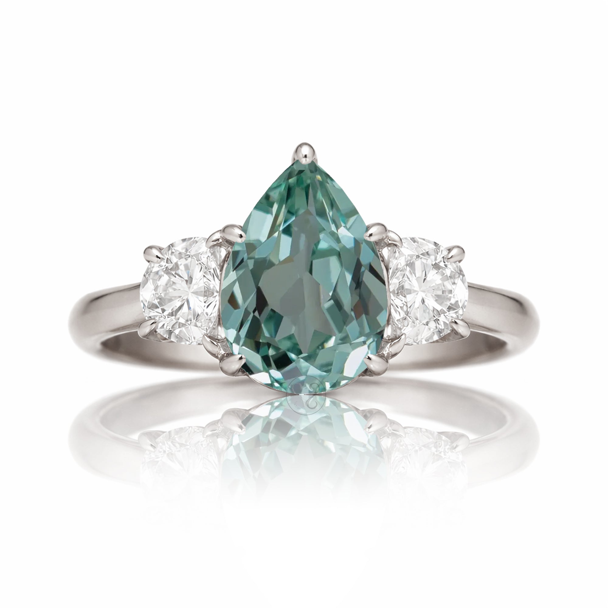 Pear Green sapphire three stone half moon diamond ring white gold