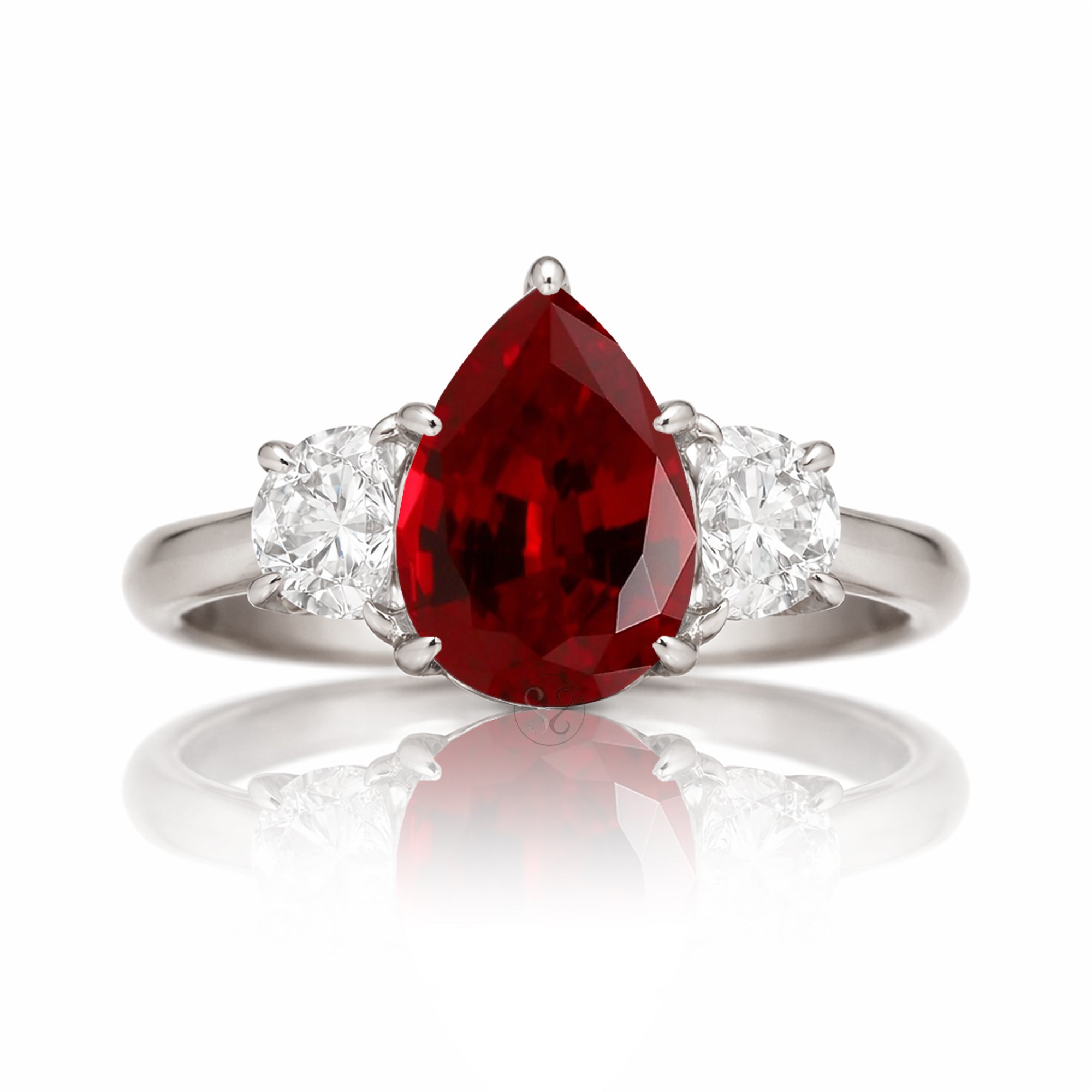 Peaer Ruby past present future ring with half moon diamonds in white gold