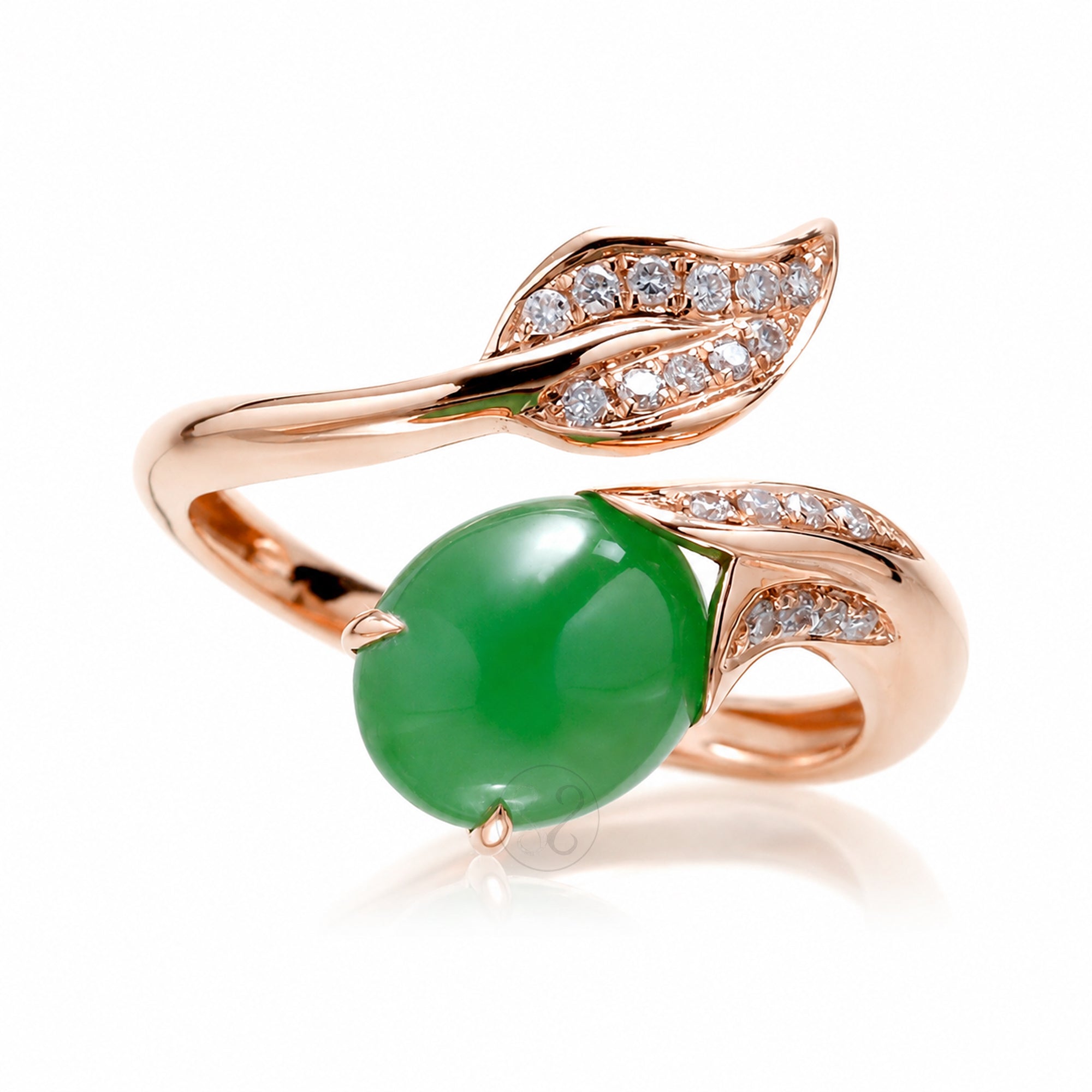 Cabochon jade and diamond leaf open ring in rose gold