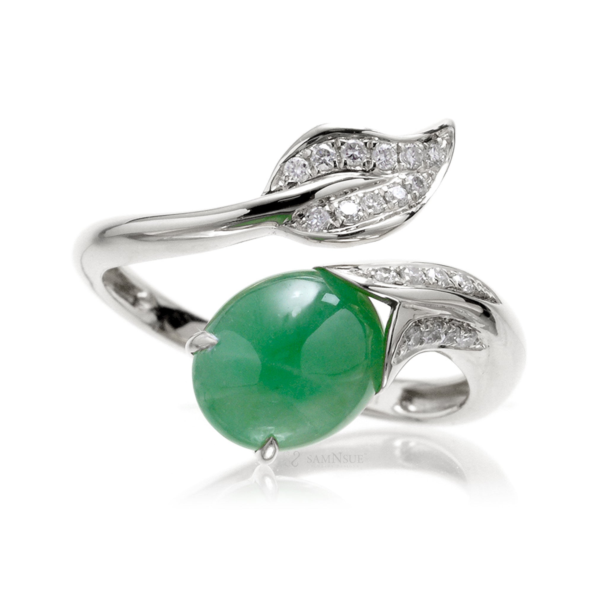 Cabochon jade and diamond leaf open ring in white gold