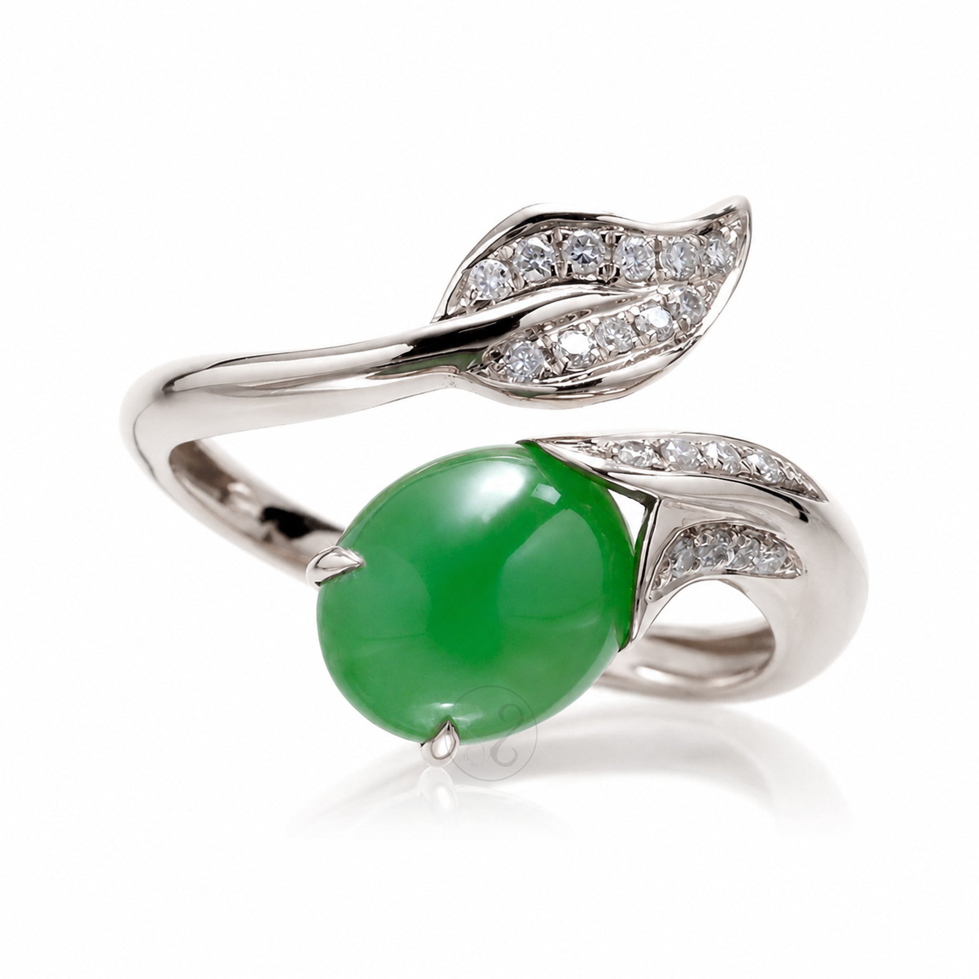 Cabochon jade and diamond leaf open ring in white gold